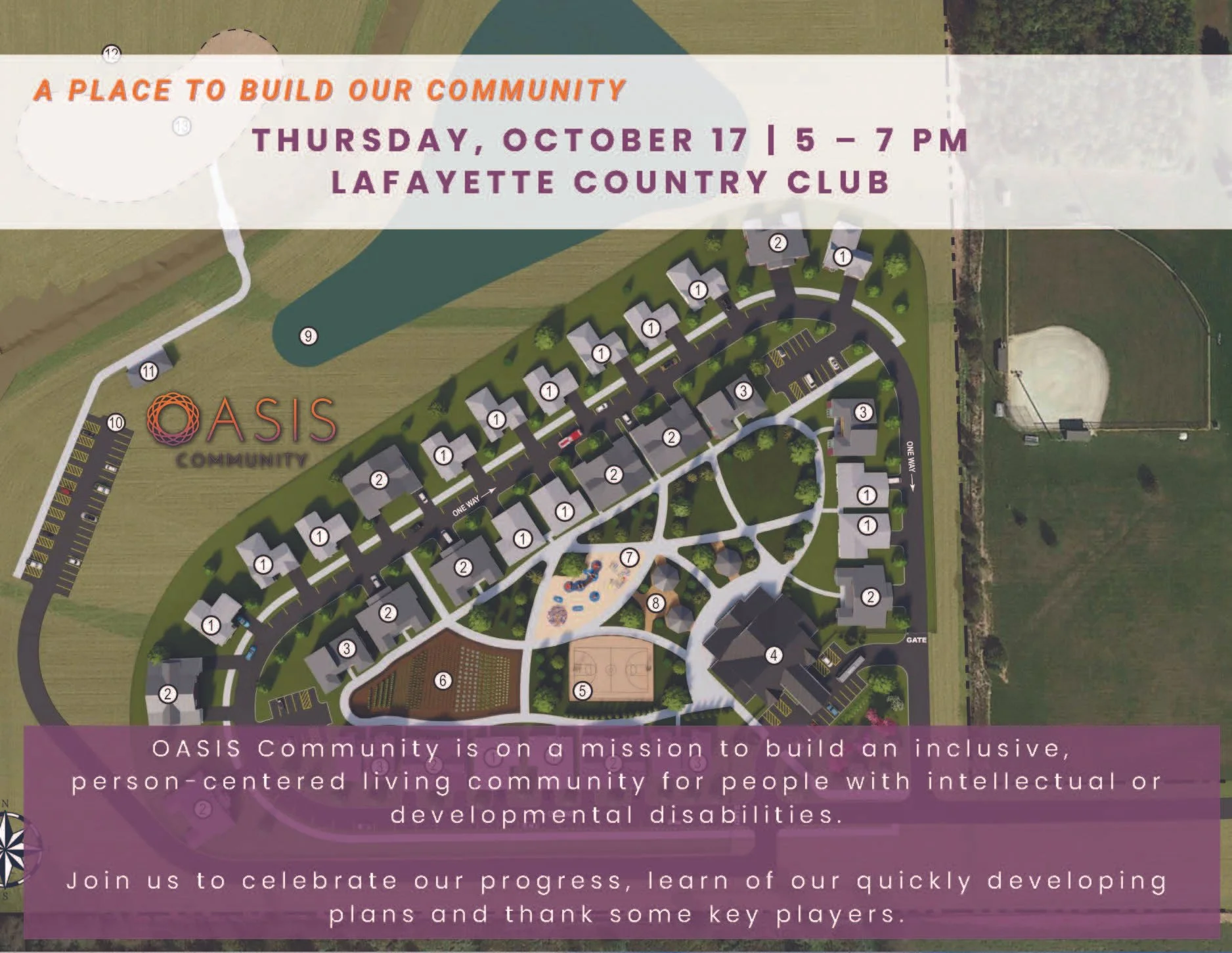 Rendering of OASIS Community with the date of the event. Thursday, October 17, 2024 5pm - 7pm at the Lafayette Country Club.