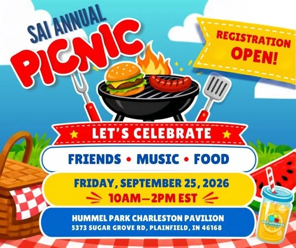 Blue sky with white clouds and green grass. There is a grill with flames and a hamburger and hotdog. Below is a picnic basket a drink with a straw and a watermelon slice. The text read SAI Annual Picnic. Registration  open. Fri Sep 26.