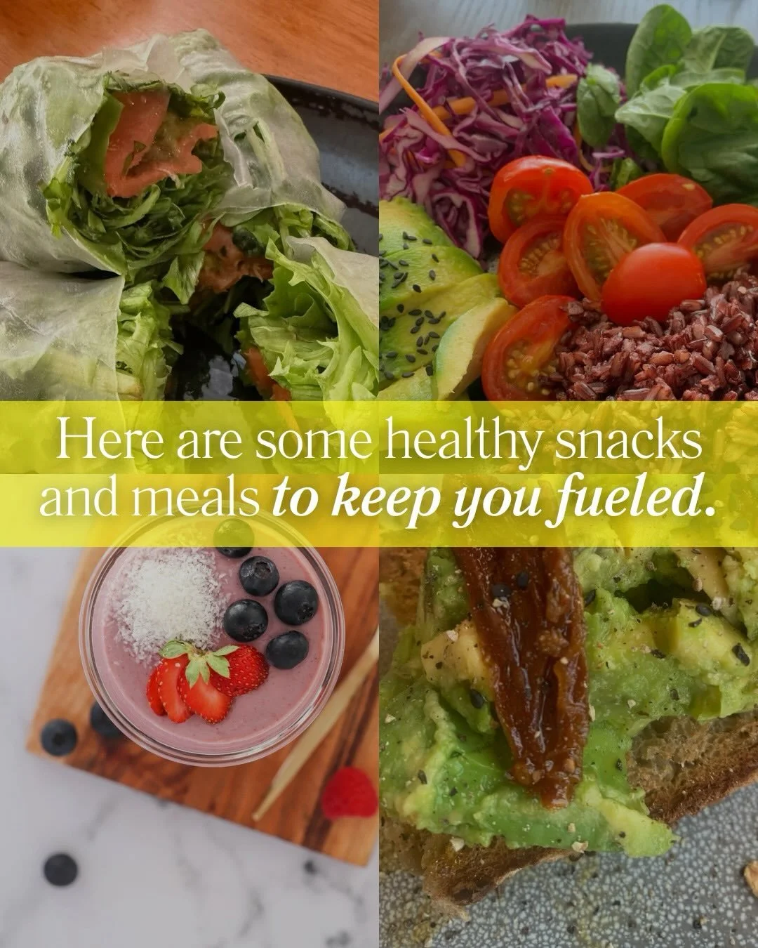 Here are some healthy snacks and meals to keep you fueled 🍴

I often find people struggle to create healthy meals and snacks when cutting out meat, dairy, wheat, sugar, alcohol, and caffeine, so I wanted to share some of my favourites.

Healthy eati