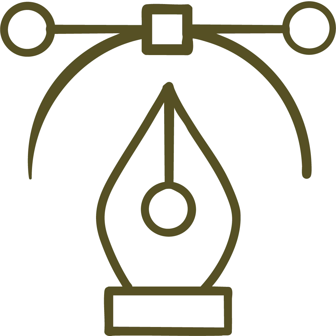 Line drawing of a writing pen with a drop of ink at the tip, connected to a curved line with circles on each end and a square in the middle, above a rectangular base. Representing UK brand identity design for small businesses and creatives.