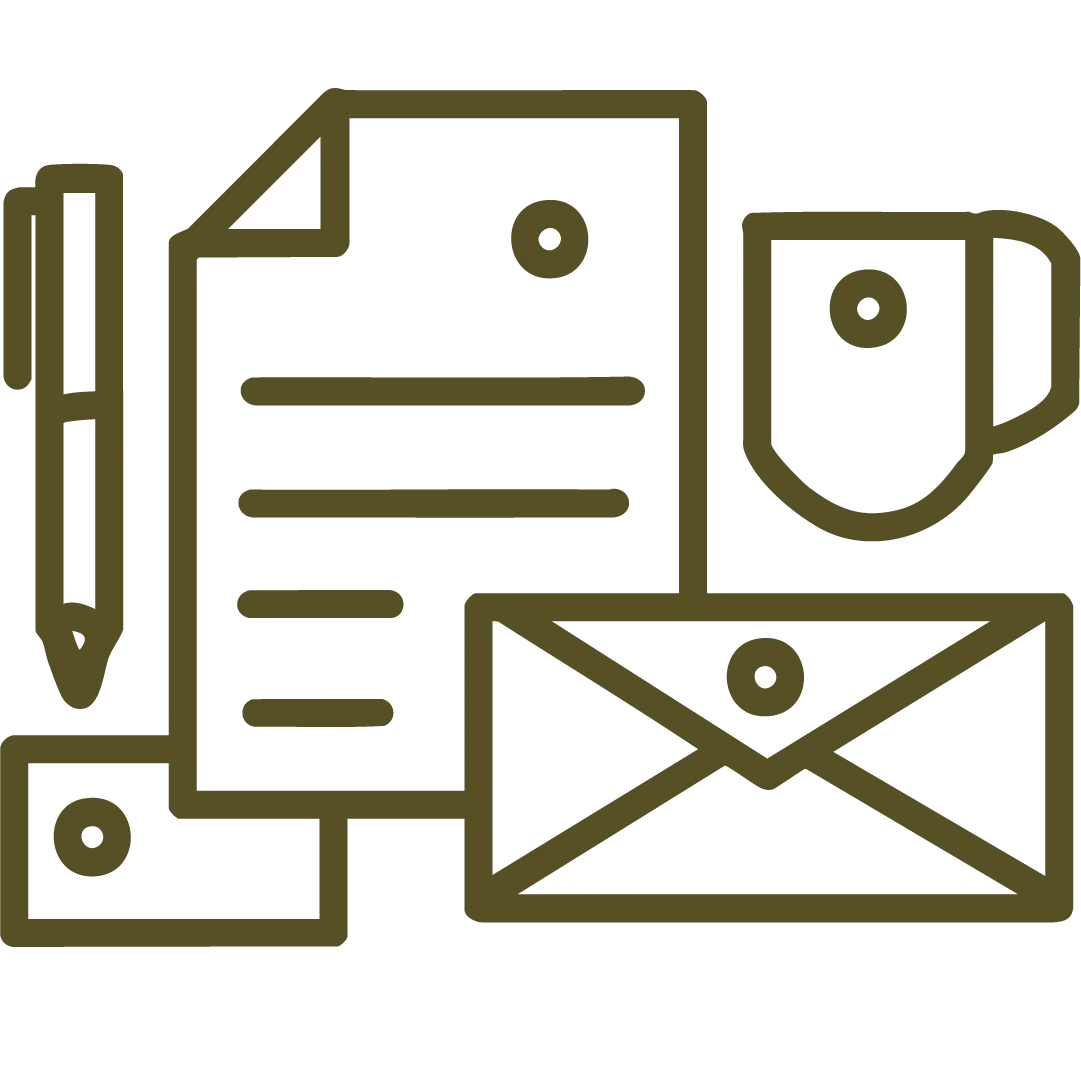 Outline of a pen, a sheet of paper, a mug, an envelope, and a small box representing the design of all brand touch points and business stationery for any size business