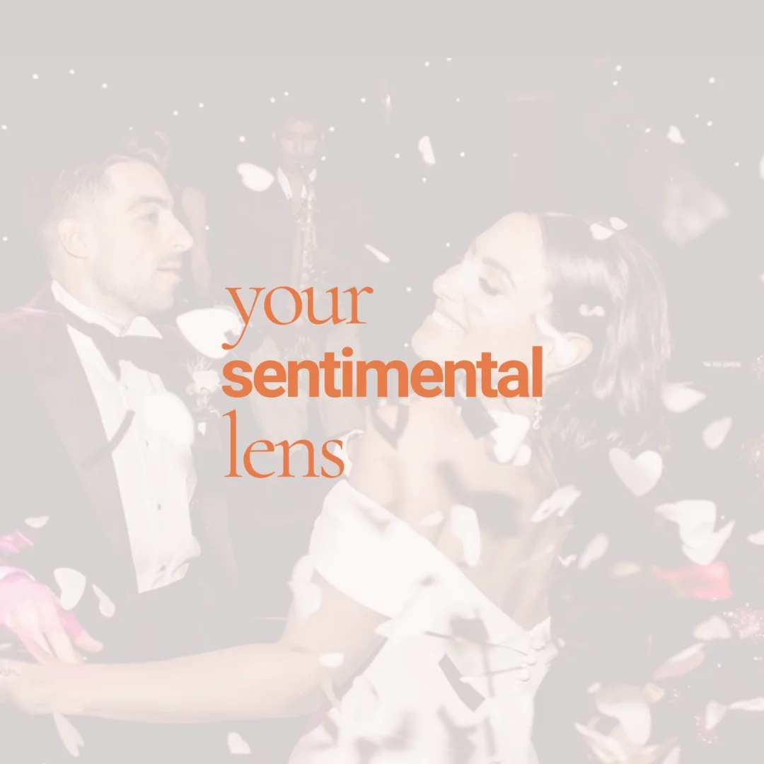 A woman and a man dancing at a celebration, surrounded by falling confetti, with the overlay text 'your sentimental lens' in orange.