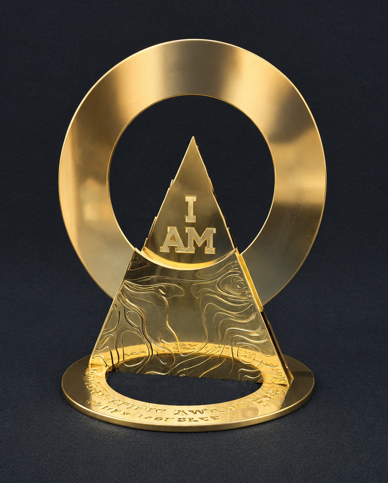 Close up of the Invictus Spirit Award Trophy. A mirror polished brass award on a black background
