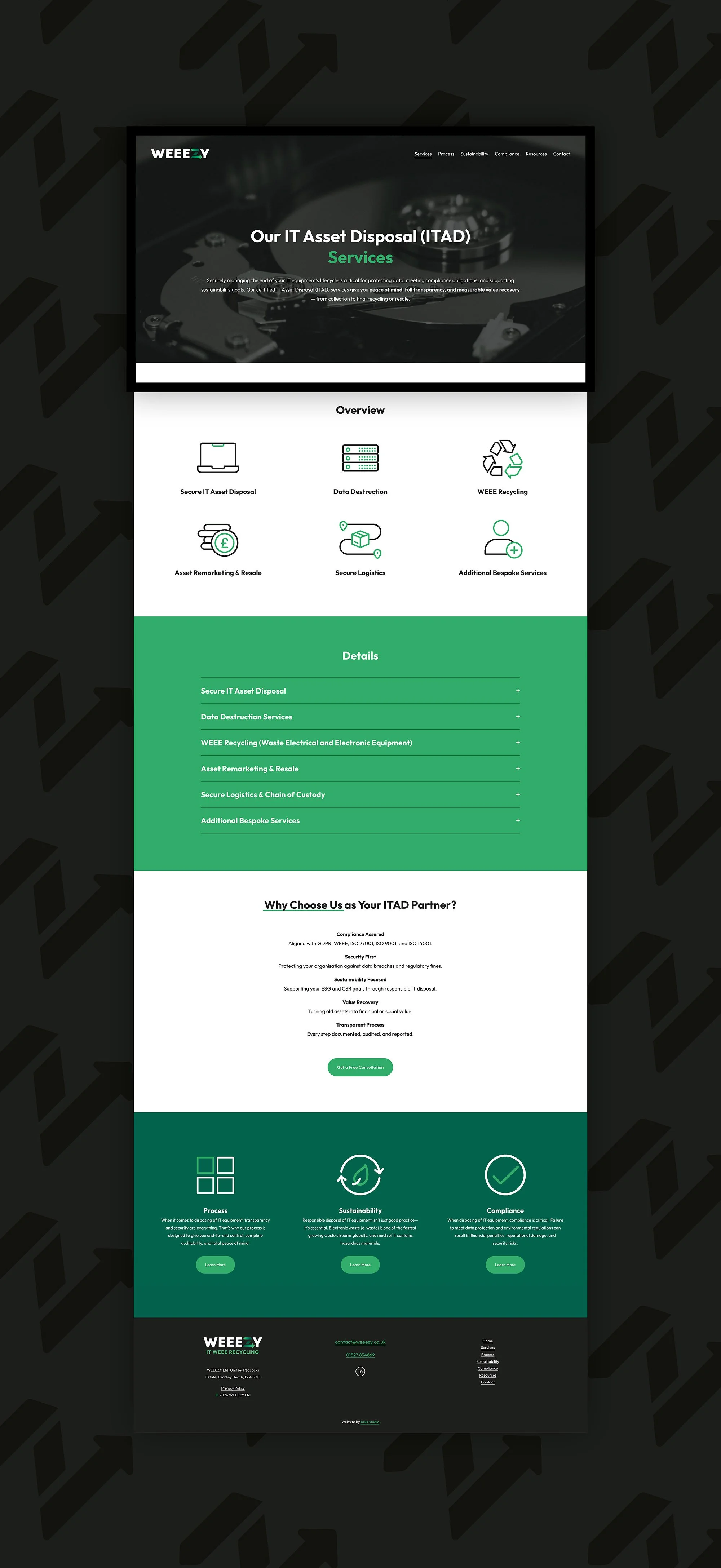 Weeezy website services page, with text and icons relating to Secure IT Asset Disposal, Data Destruction, WEEE Recycling, Asset Remarketing & Resale, Secure Logistics and Additional Bespoke Services.