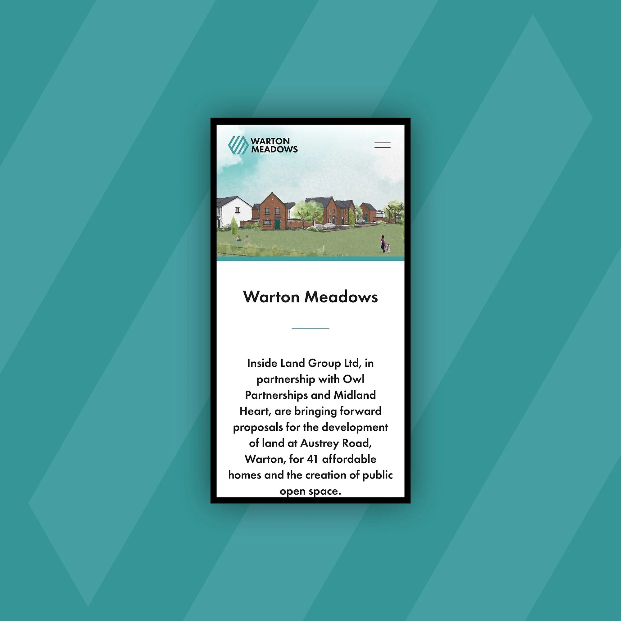 Warton Meadows mobile website home page, with text and imagery relating to the proposal to develop land at Austrey Road, Warton, for 41 affordable homes and the creation of public open space.