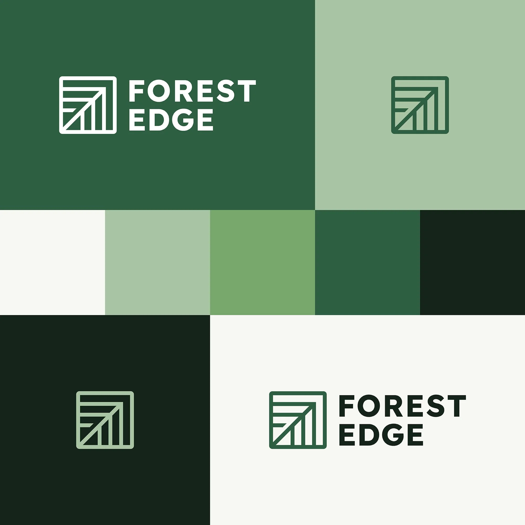 The Forest Edge logo, with colour variations and examples of the logo and icon, showing an abstract tree created using F and E shapes.