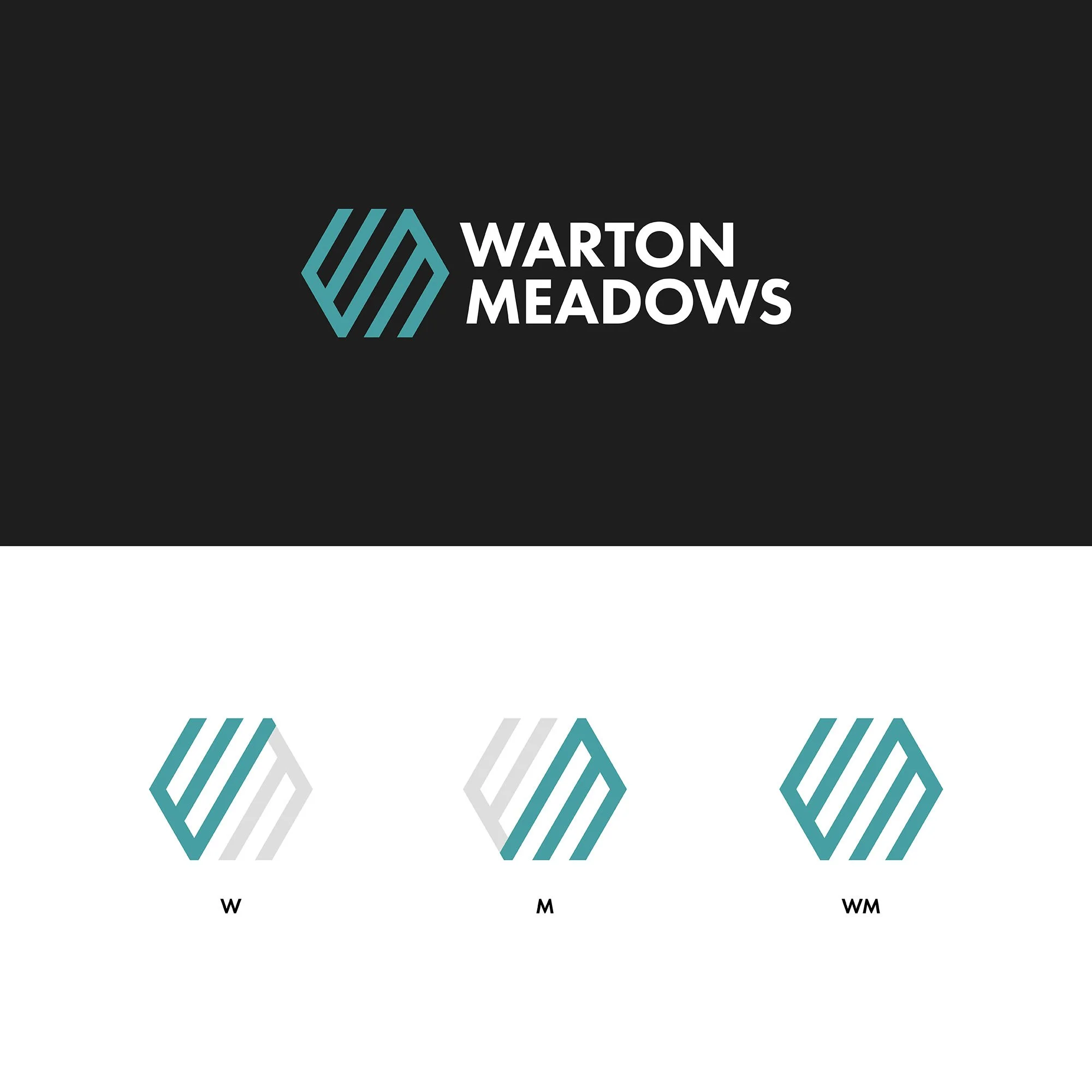 The Warton Meadows logo, with colour variations and a breakdown of the construction of the icon to create a W and M.