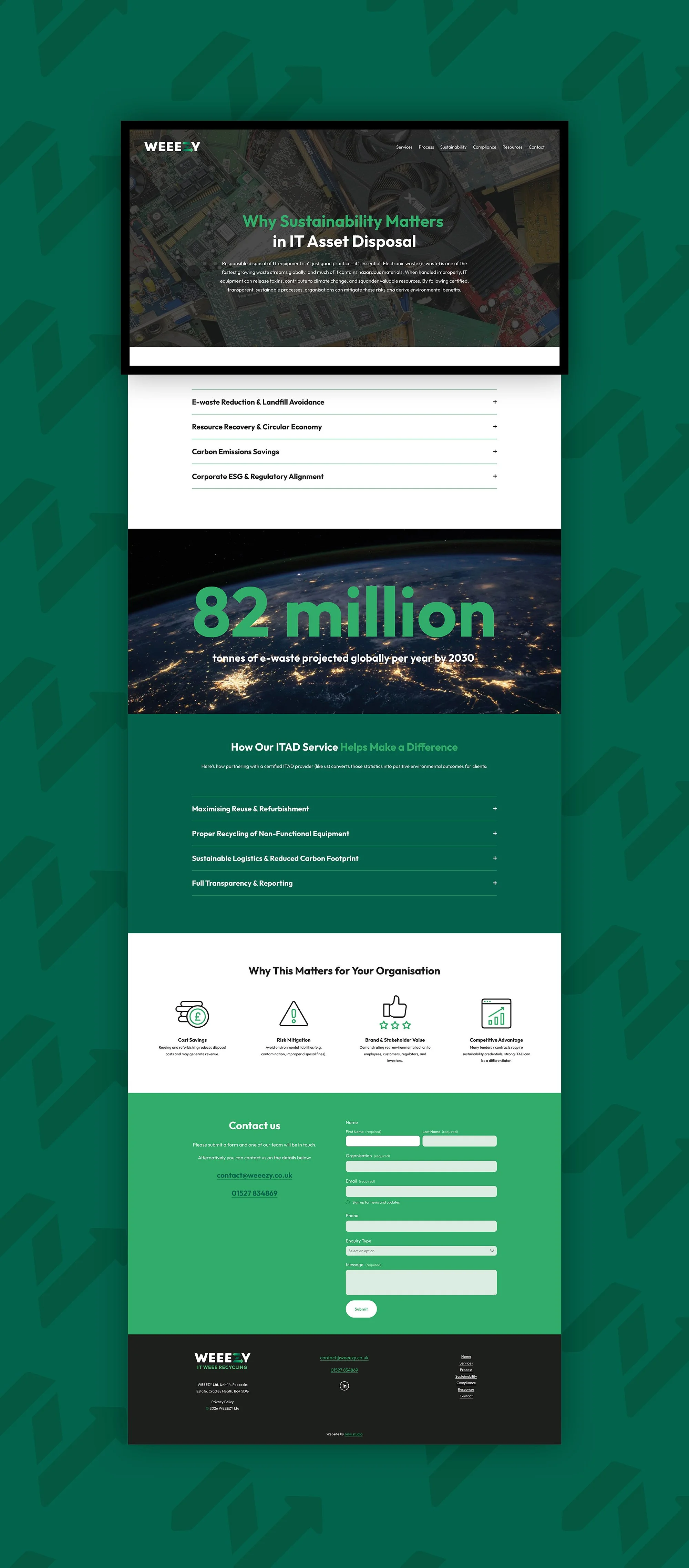Weeezy website sustainability page, with text, imagery and icons relating to Why Sustainability Matters  in IT Asset Disposal.