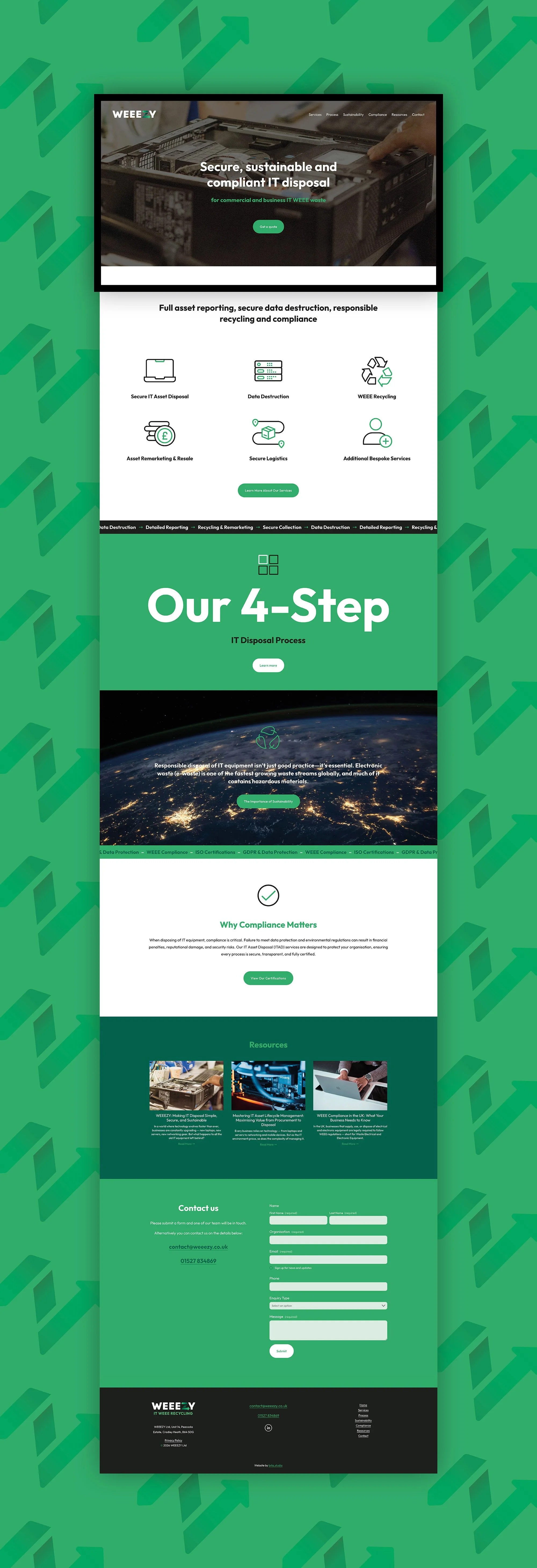 Weeezy website home page, with text, imagery and icons relating to services for secure, sustainable and compliant IT disposal for commercial and business IT WEEE waste.