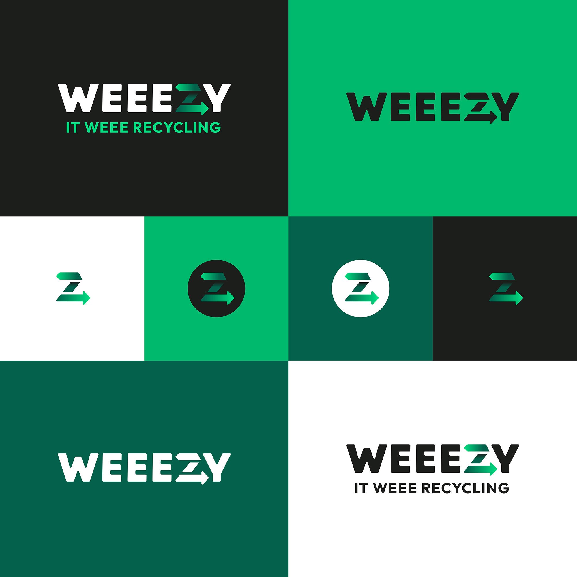 Weeezy logo, with bold text and the z forming an arrow graphic, shown in various white, black and bright green colour combinations.