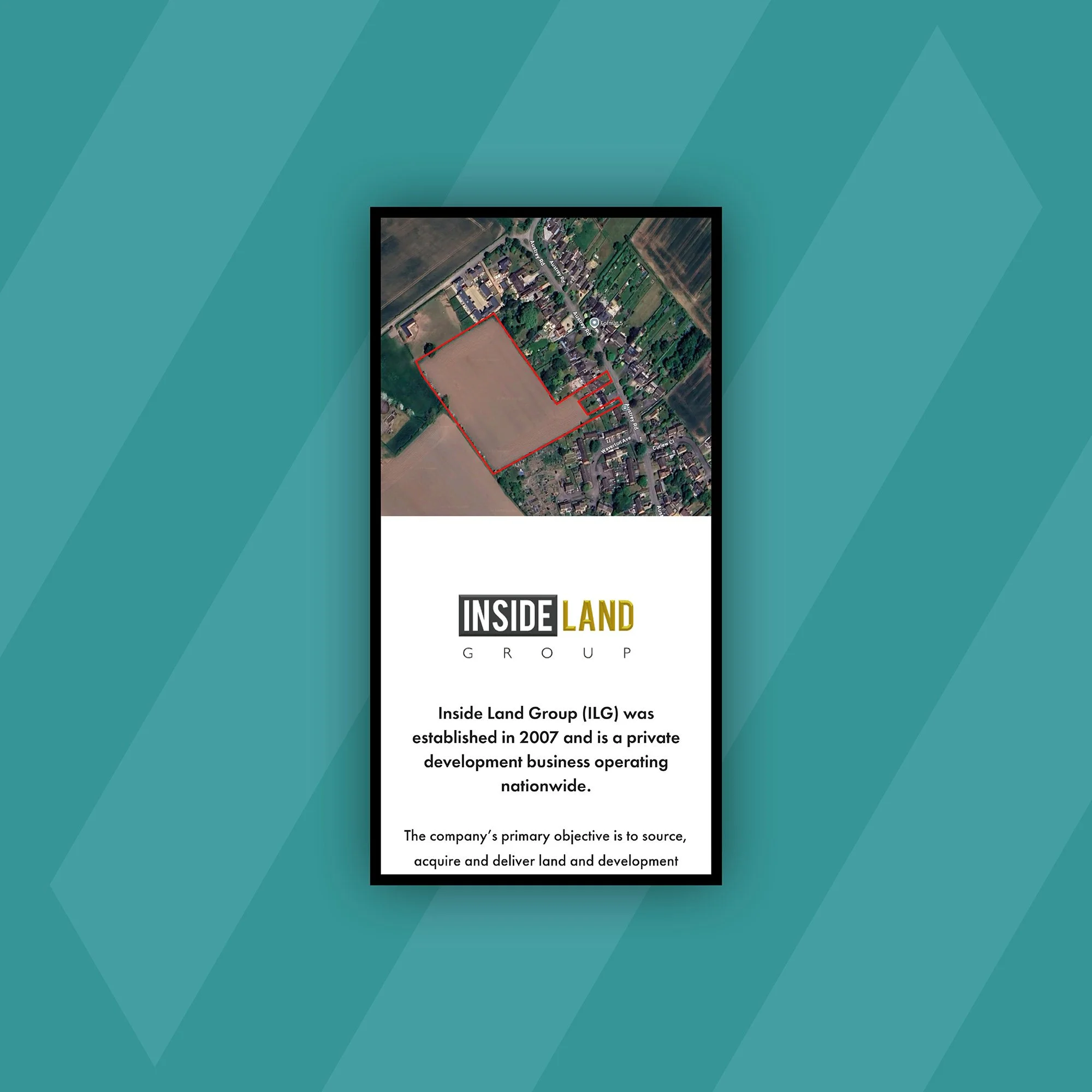 Warton Meadows mobile website project team page, showing an aerial image of the site and the Inside Land Group logo and company overview.