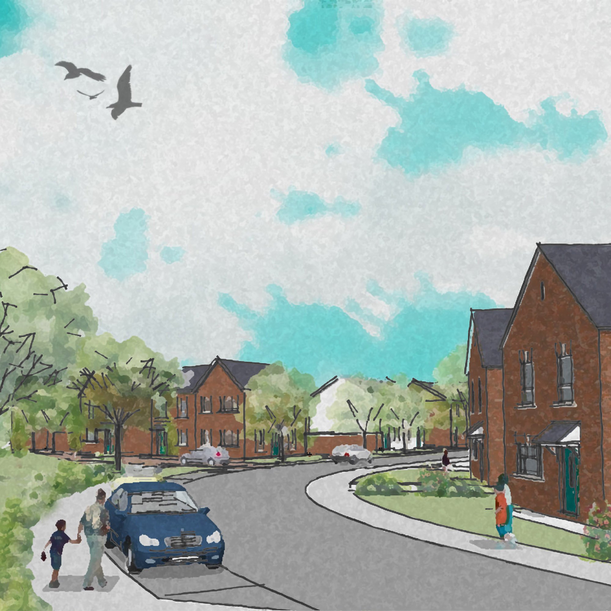Illustration showing a street view of the proposed Warton Meadows development.