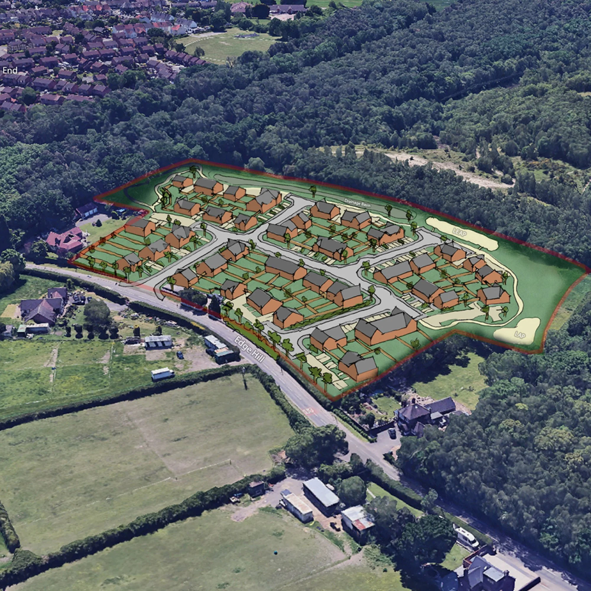 Aerial view showing the existing site with an example illustration showing the layout of the proposed development.