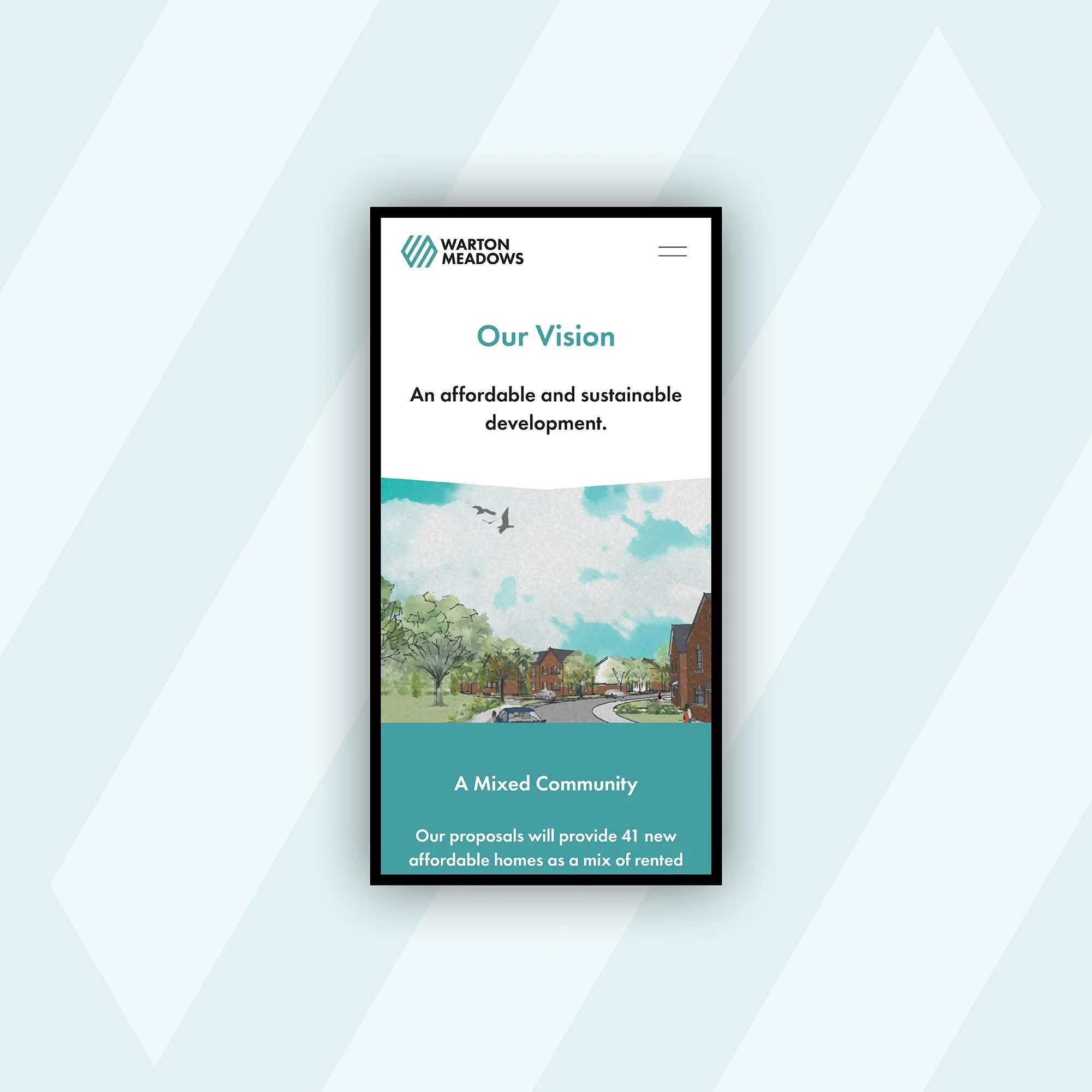 Warton Meadows mobile website our vision page, with text relating to the vision of an affordable and sustainable development and supporting illustrations.