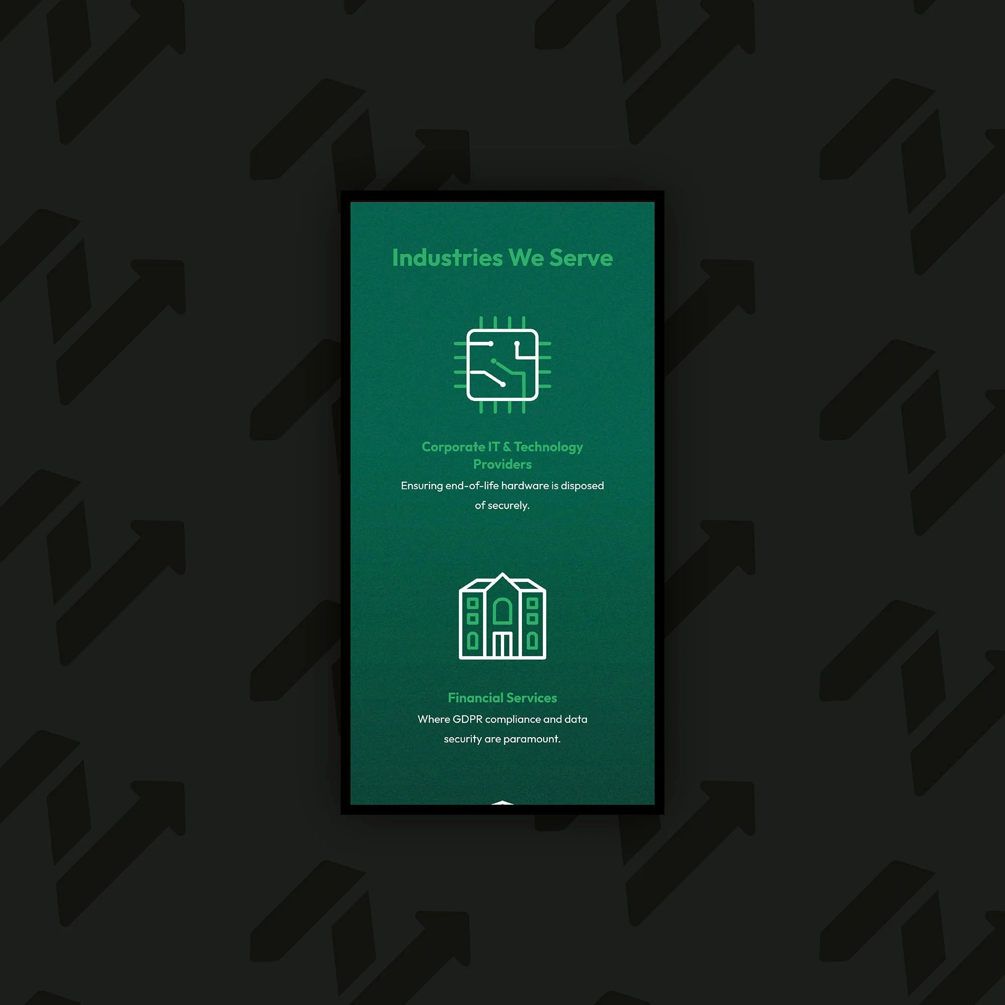 Weeezy mobile website compliance page, showing icons for some of the industries they serve, including Corporate IT & Technology Providers and Financial Services.