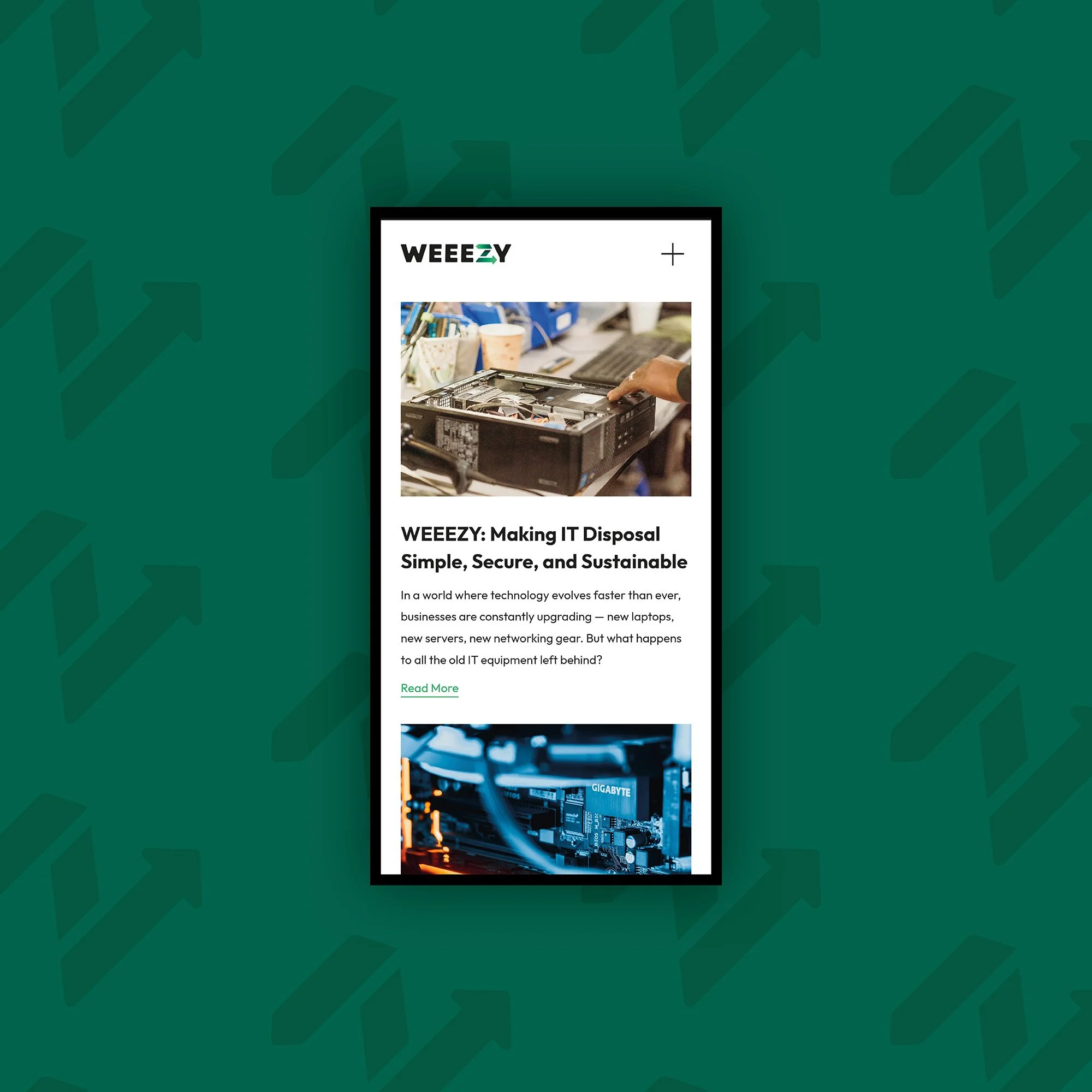 Weeezy mobile website resources page, showing an article with an image of an old computer hard drive and the heading ‘Making IT Disposal Simple, Secure, and Sustainable’.