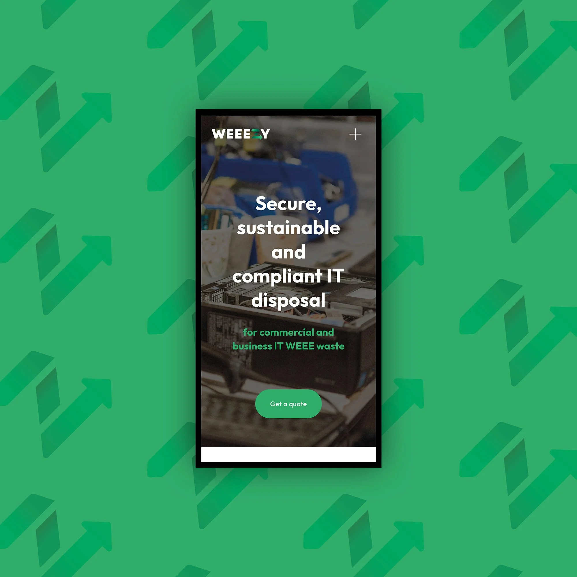 Weeezy mobile website home page, with text reading ‘Secure, sustainable and compliant IT disposal for commercial and business IT WEEE waste’ over an image of an old computer hard drive.