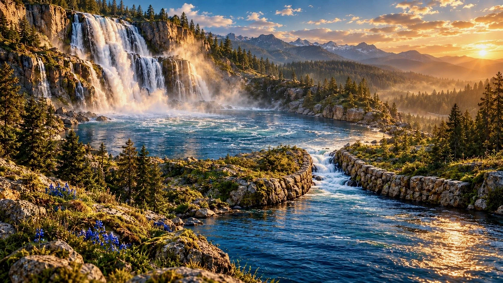 Water cascading over cliffs at mutiple spots and swirling in a basin before being channeled into a calm river by a human-made stone wall that funnels water flow.