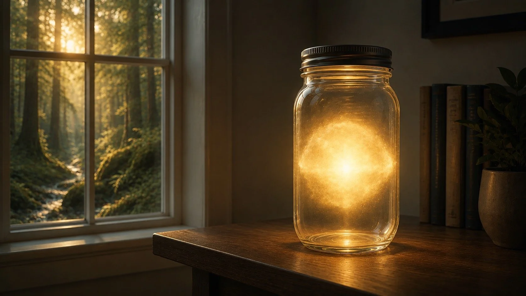 Glowing mason jar gathering dust on a wooden shelf"
