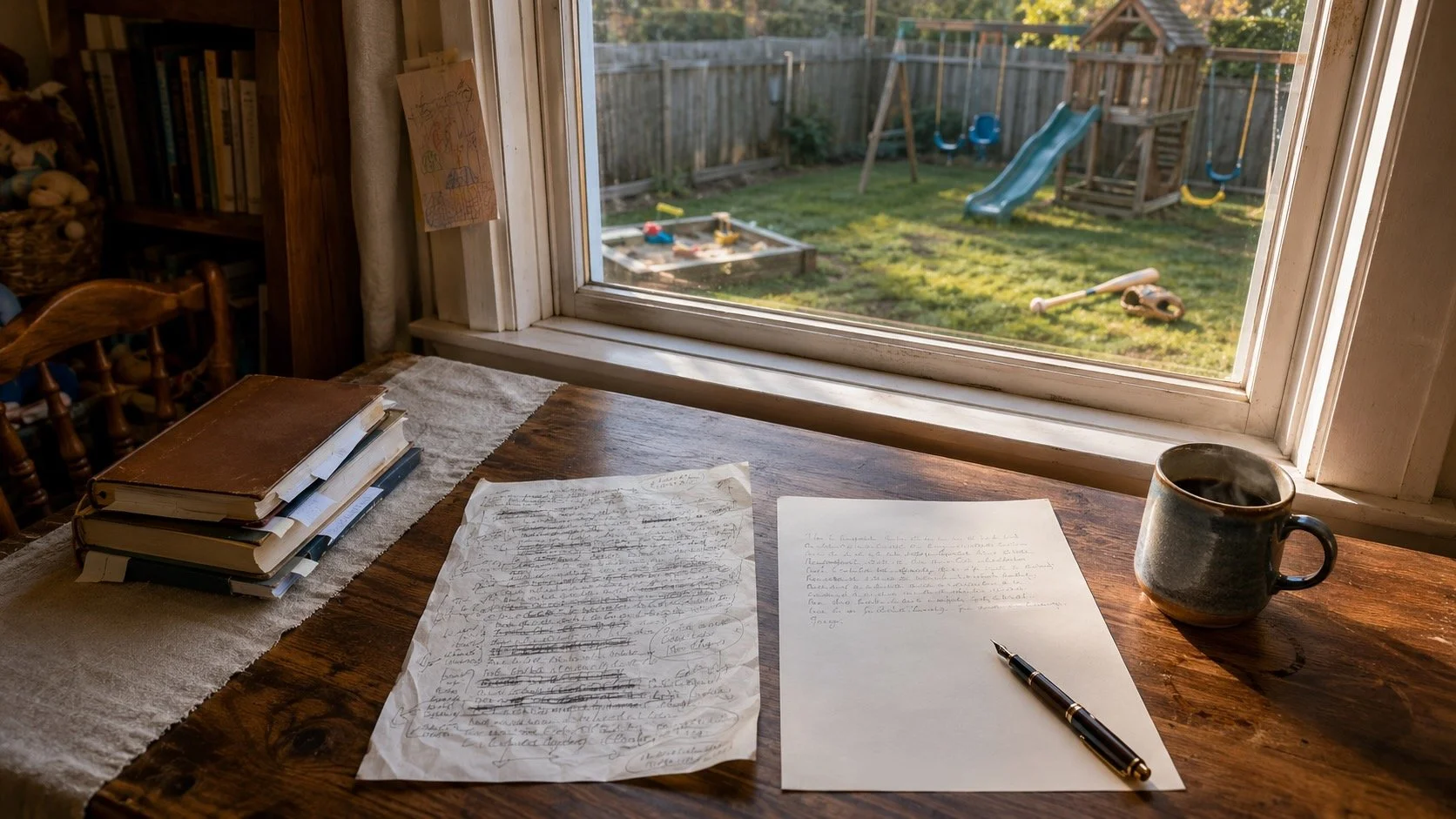 A crumpled early writing draft next to an unrumpled page on a wooden desk behind a window showing a yard with a wooden swings, sandbox, and baseball bat and glove in a green lawn.