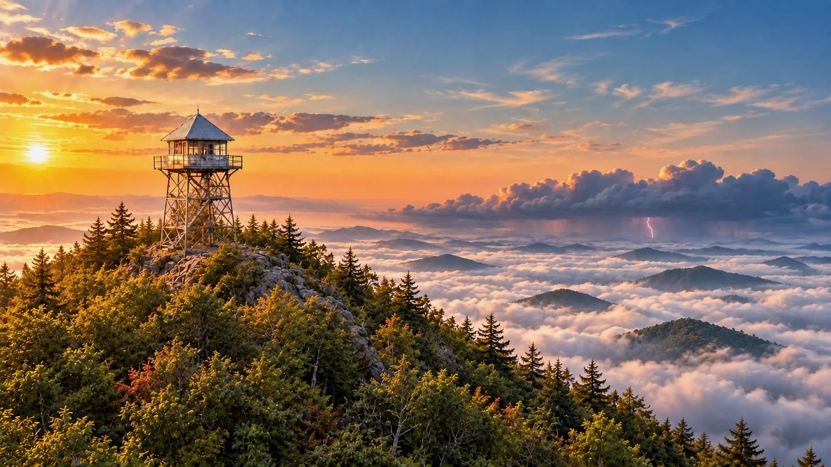 Watch station bathed in sunlight and high above clouds in the valley and a storm in the distance