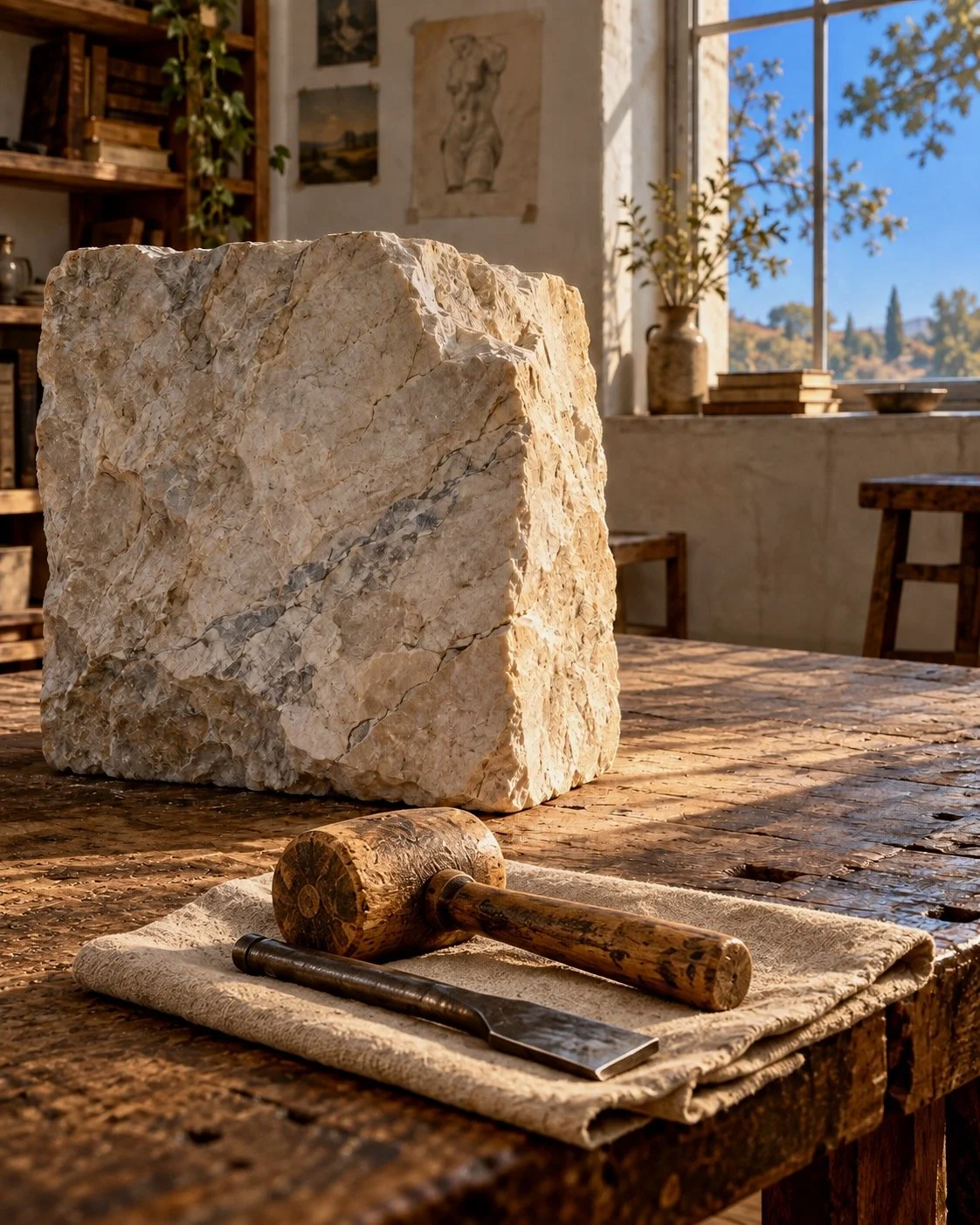 Block of stone with a chisel and mallet lying on a table near it, waiting for the sculptor to release the materspiece.
