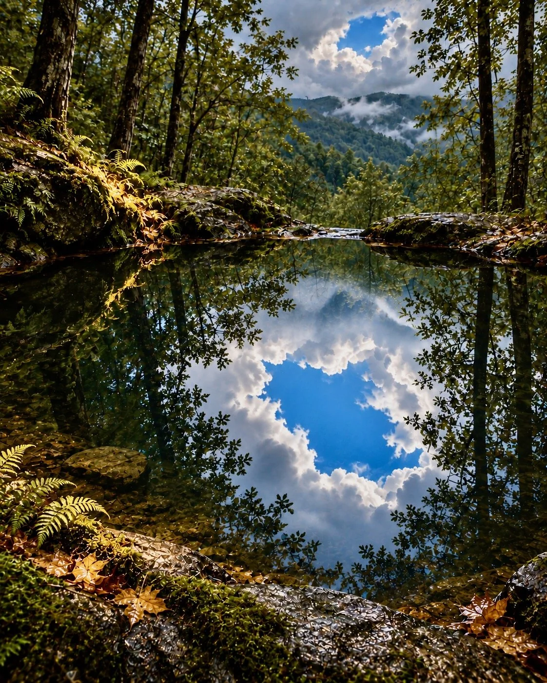 A pool in a forest reflecting blue sky showing through a hole in the clouds above.