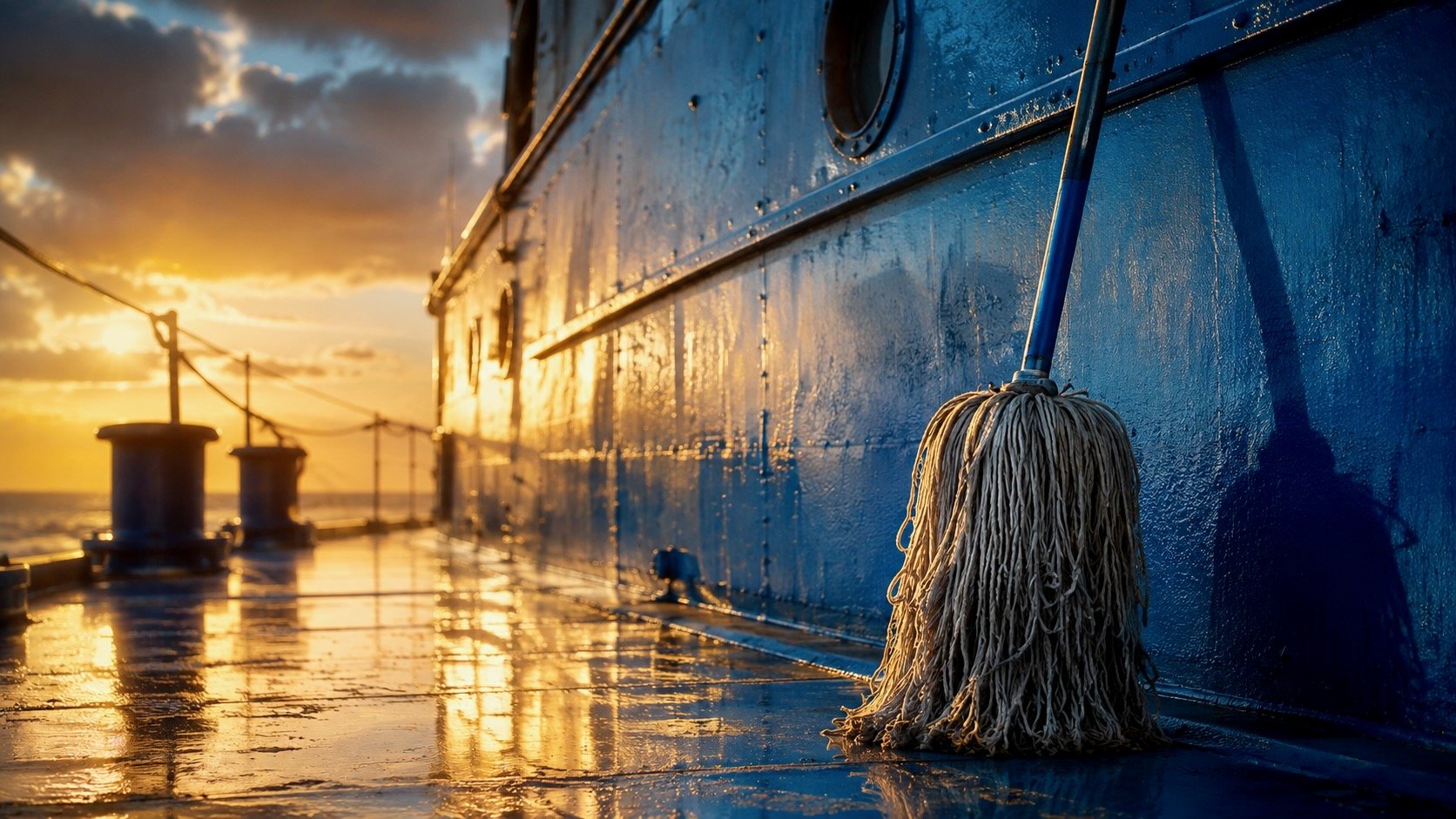 A worn mop leans against the blue bulkhead of a naval ship as golden sunset light reflects across the wet deck.