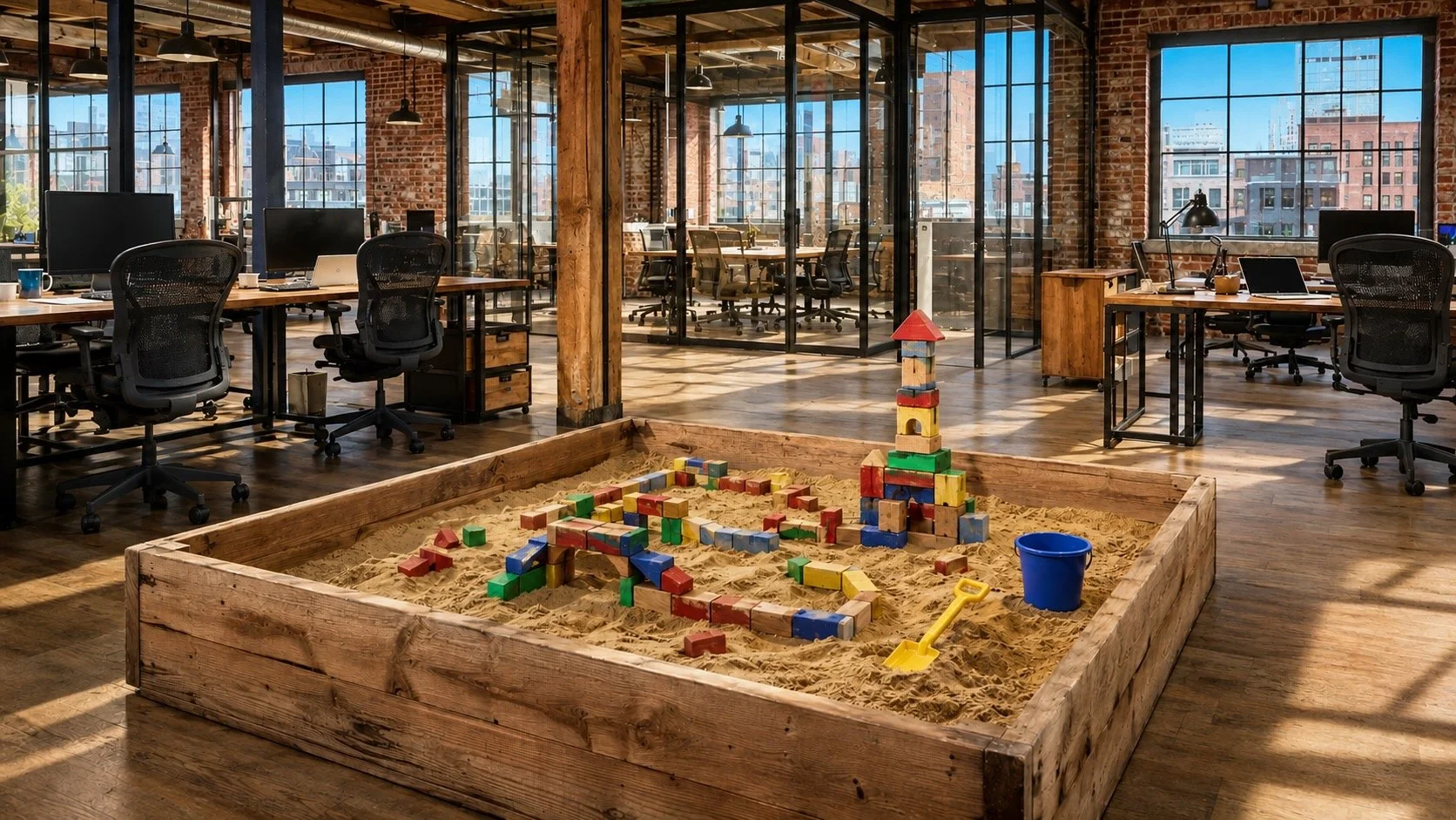 Big sandbox in the middle of a modern office with lots of windows and blue sky outside.
