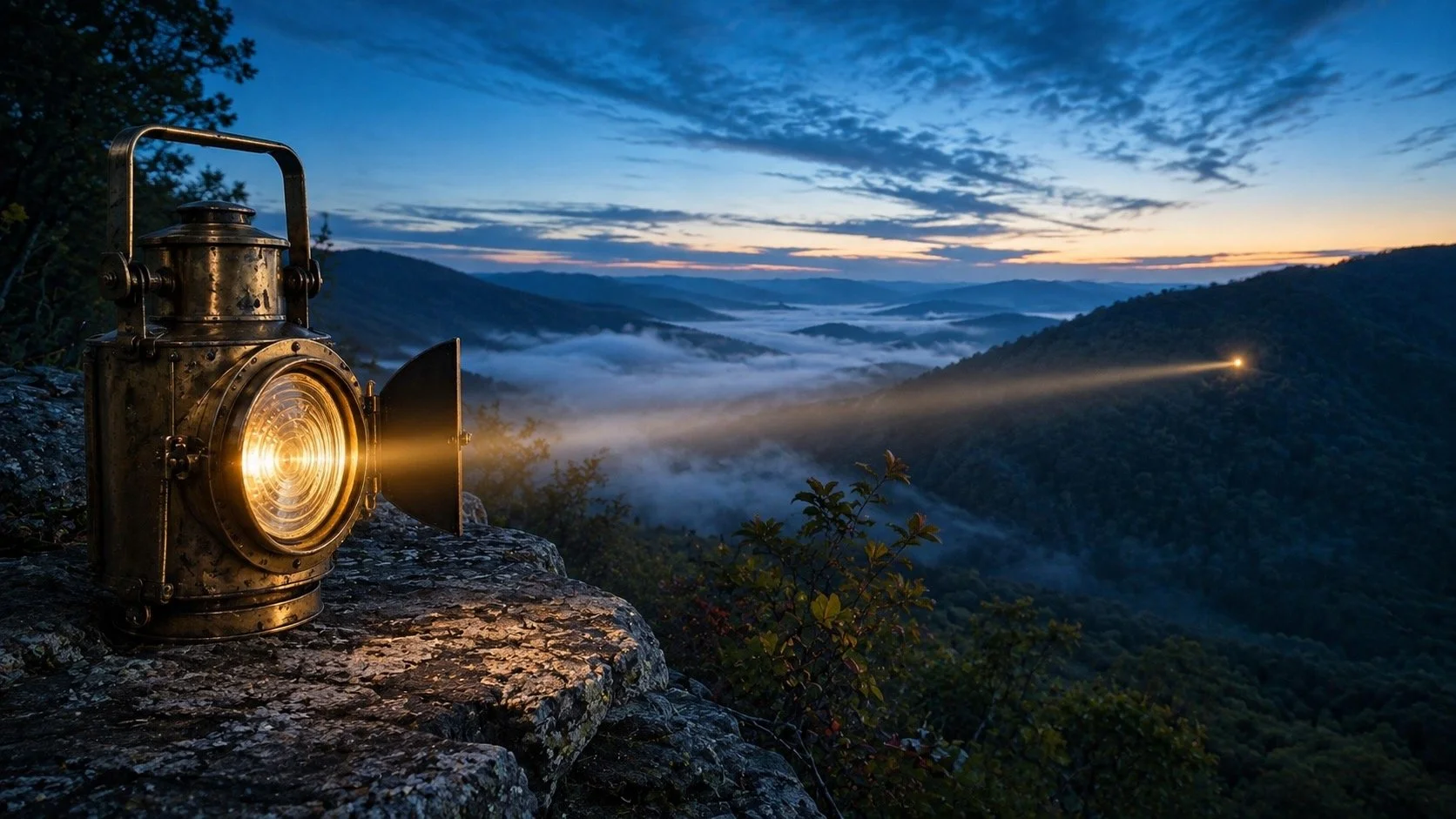Lantern shining across valley to another mountain ridge where different light shines back