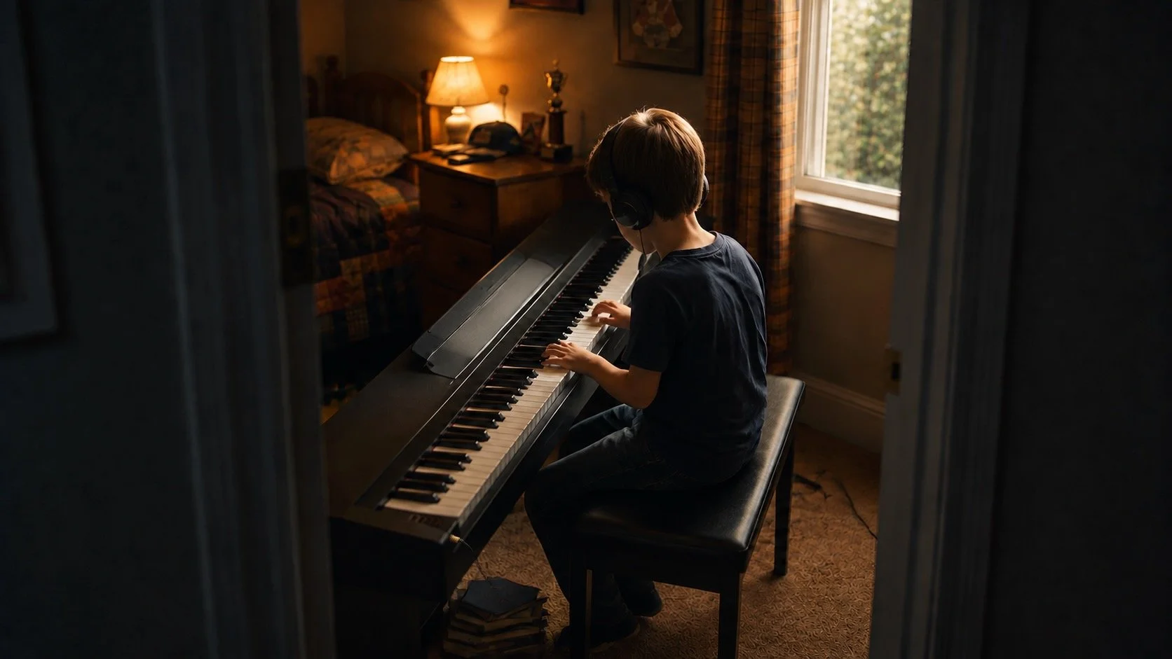 Boy practicing piano with headphones on