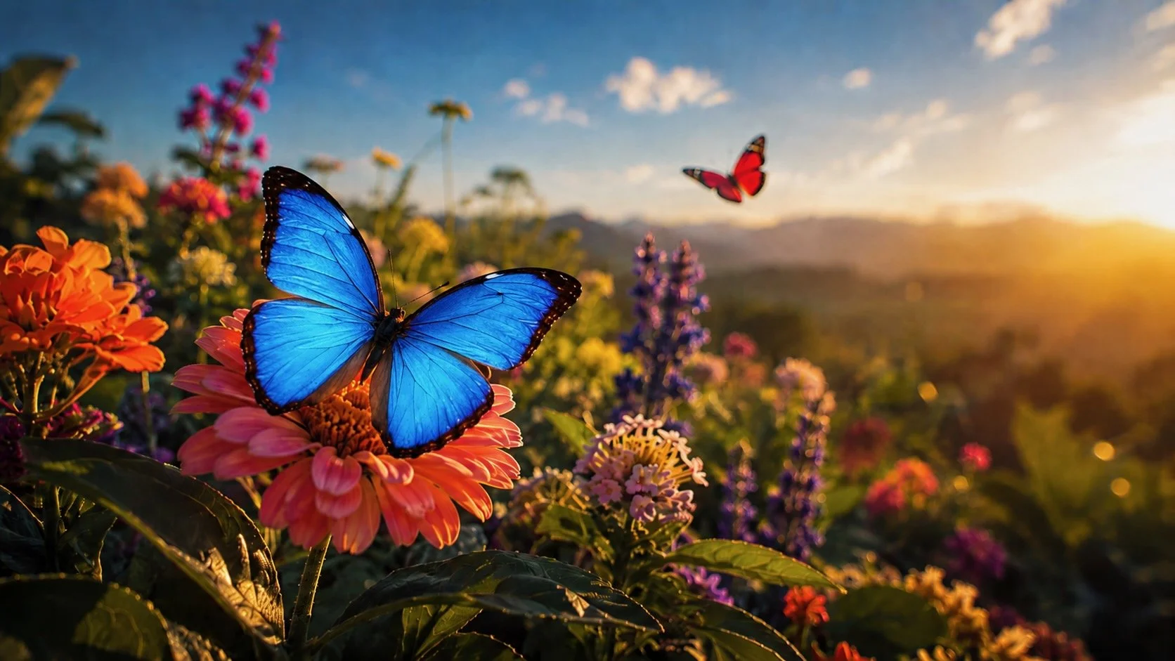 Blue morpho butterfly landing in a golden-hour garden.