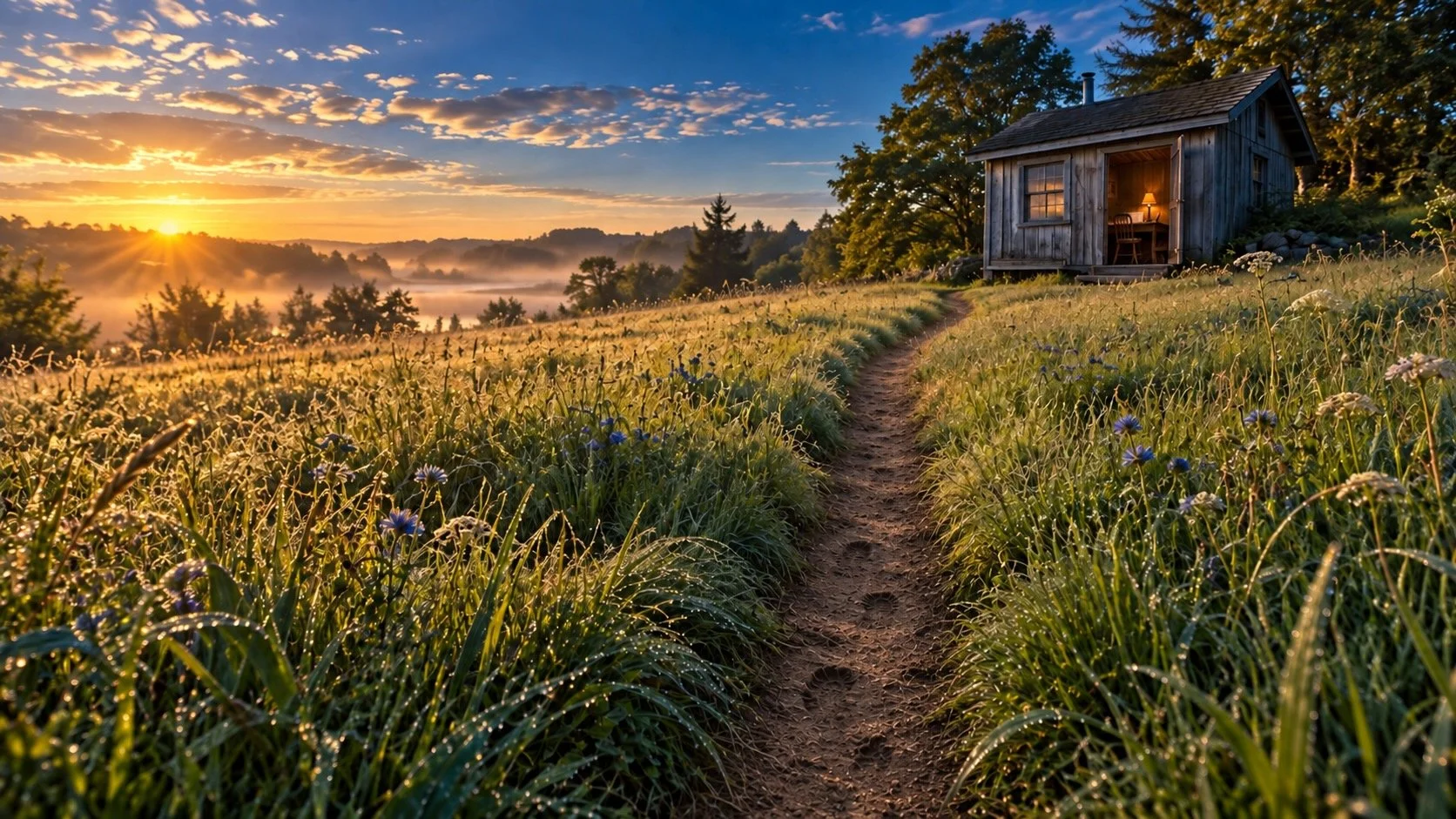 A worn path to a small cabin where someone writes everyday.