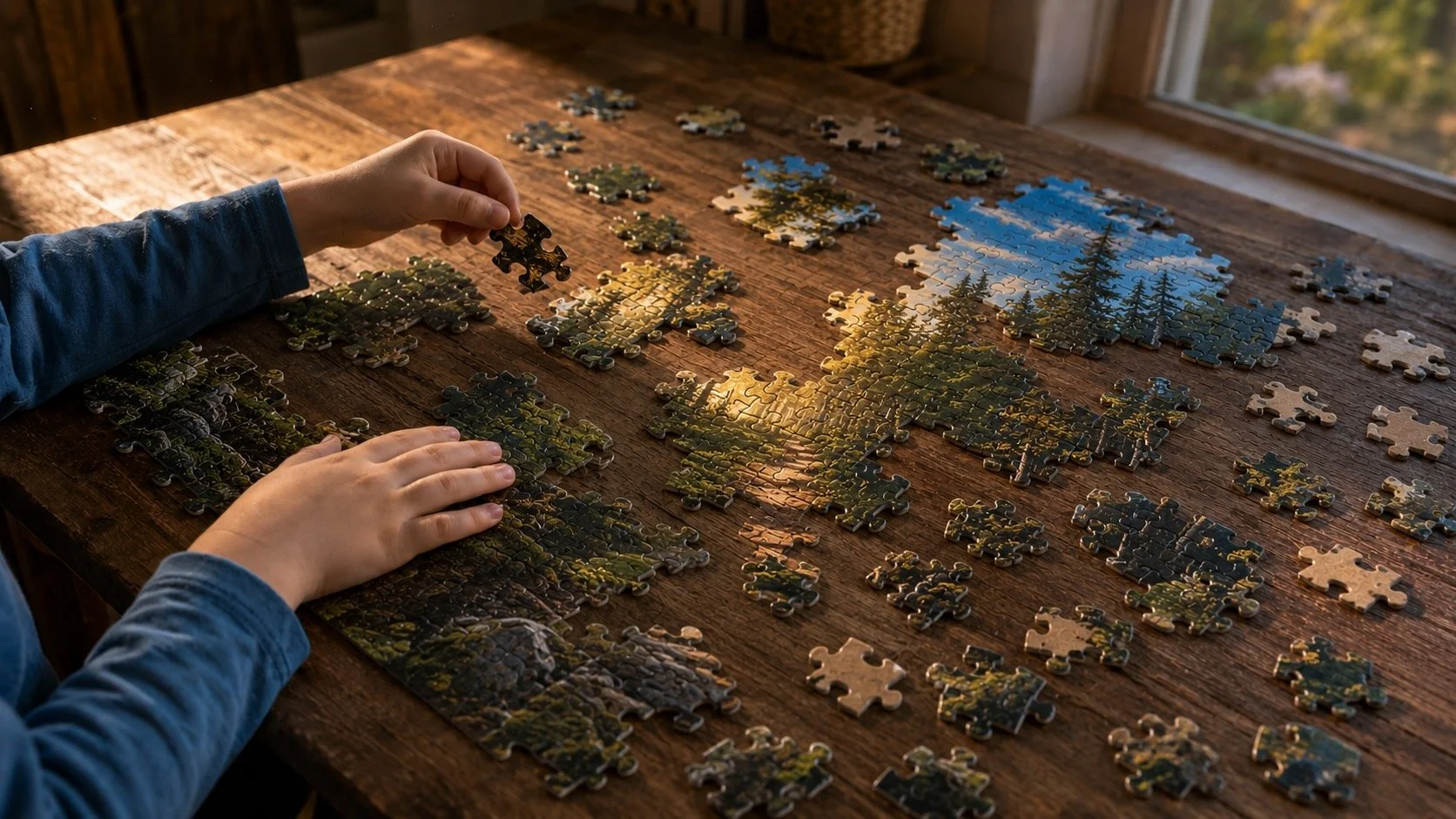 A child's hands working a puzzle of a forest on a wooden table