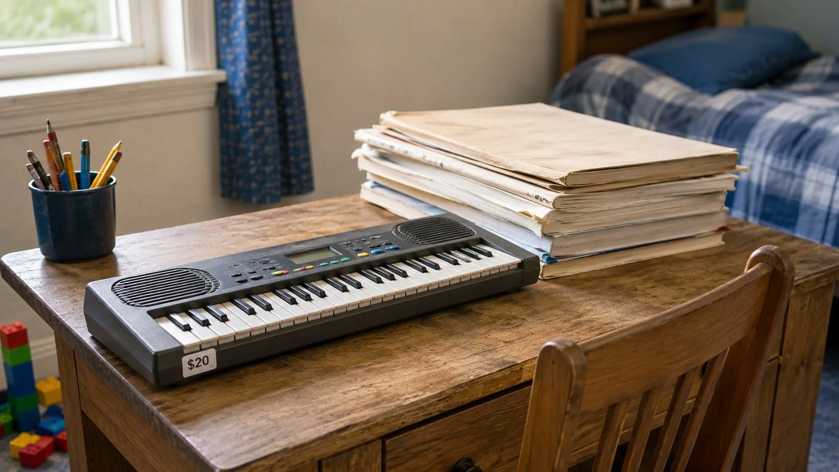 A cheap digital keyboard with not enough keys to practice well on a deck in a child's small bedroom
