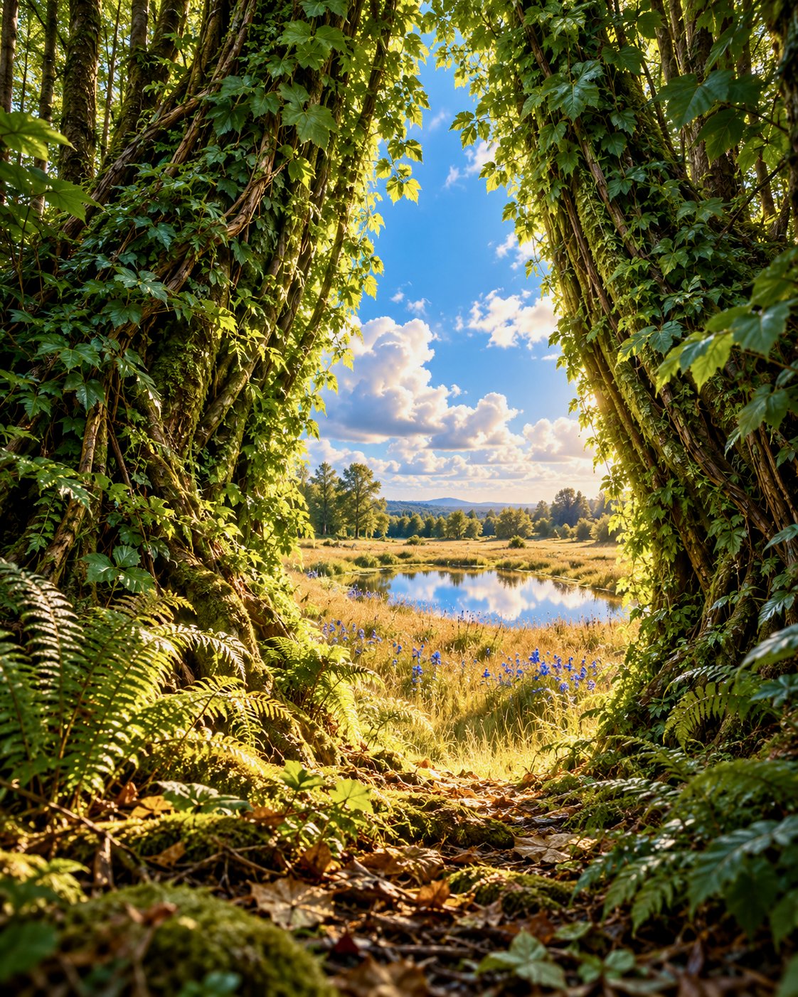 Two large, ivy-covered trees leaning together to form what looks like a curtain that opens up to a beautiful field with a pond reflecting the sky.