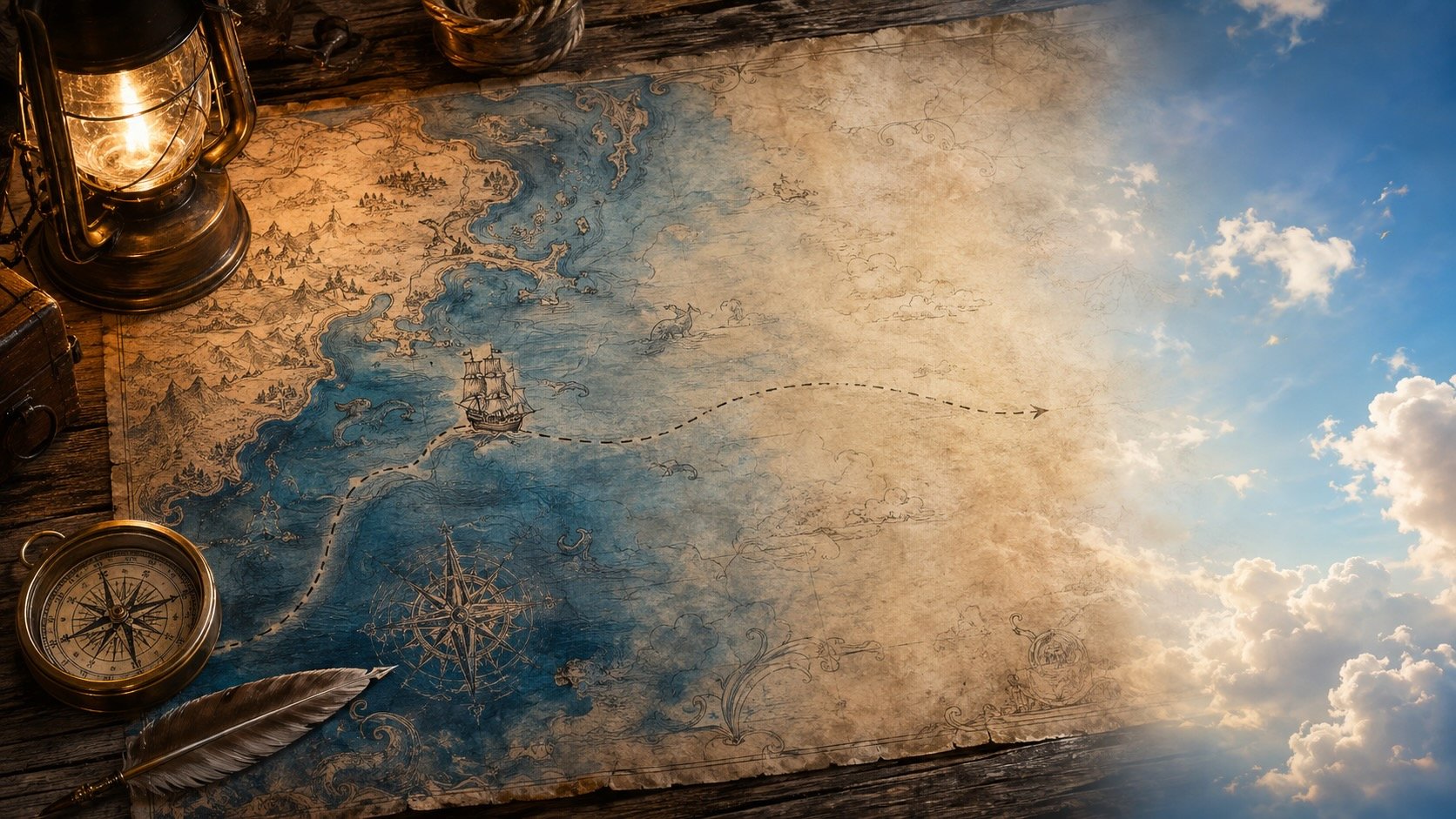 An old map on a desk showing a ship traveling into uncharted waters where they eventually turn to sky like a horizon