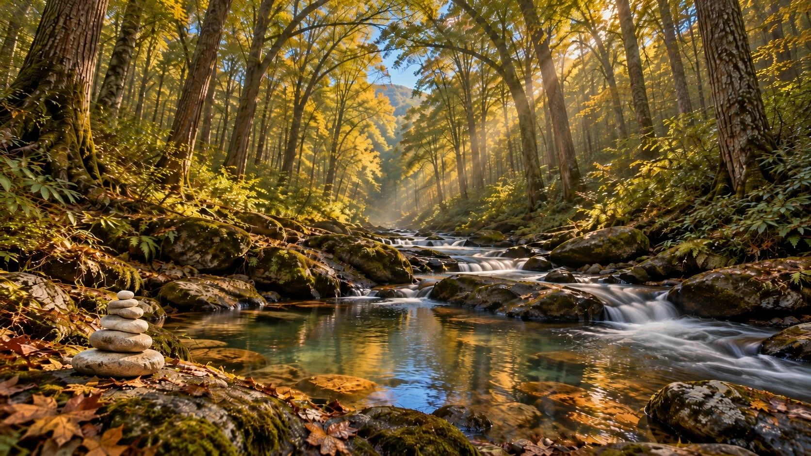 Stones stacked next to a natural pool fed by a stream under beautiful trees in a forest.