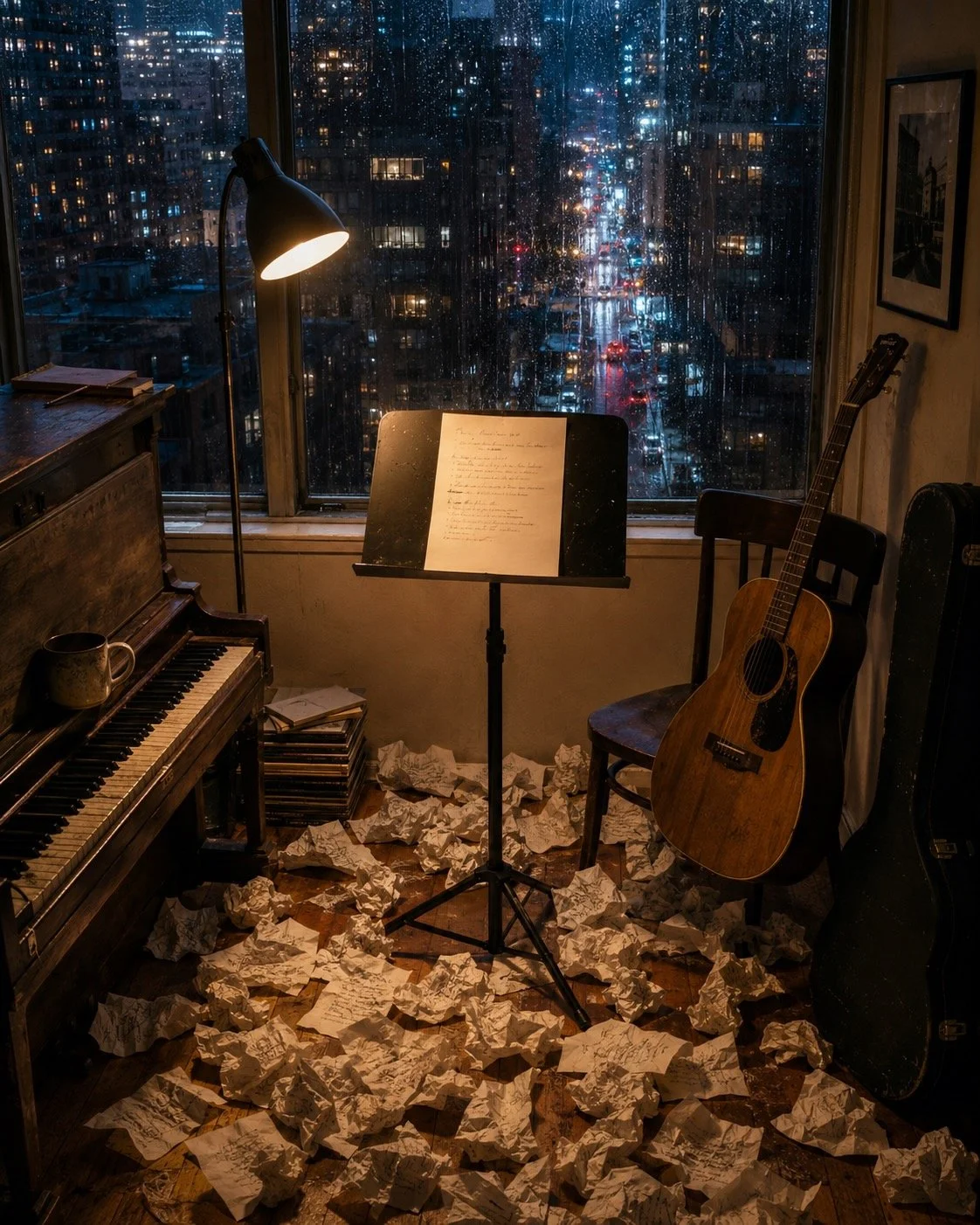 Small apartment with piano and guitar overlooking a large city at night. Crumpled paper litters the floor around a music stand with a single pristine sheet of paper with lyrics.