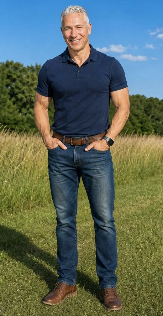 Author Christopher Laney in a navy blue polo shirt, blue jeans, and brown shoes standing outdoors on grass in a field with trees and a blue sky in the background.