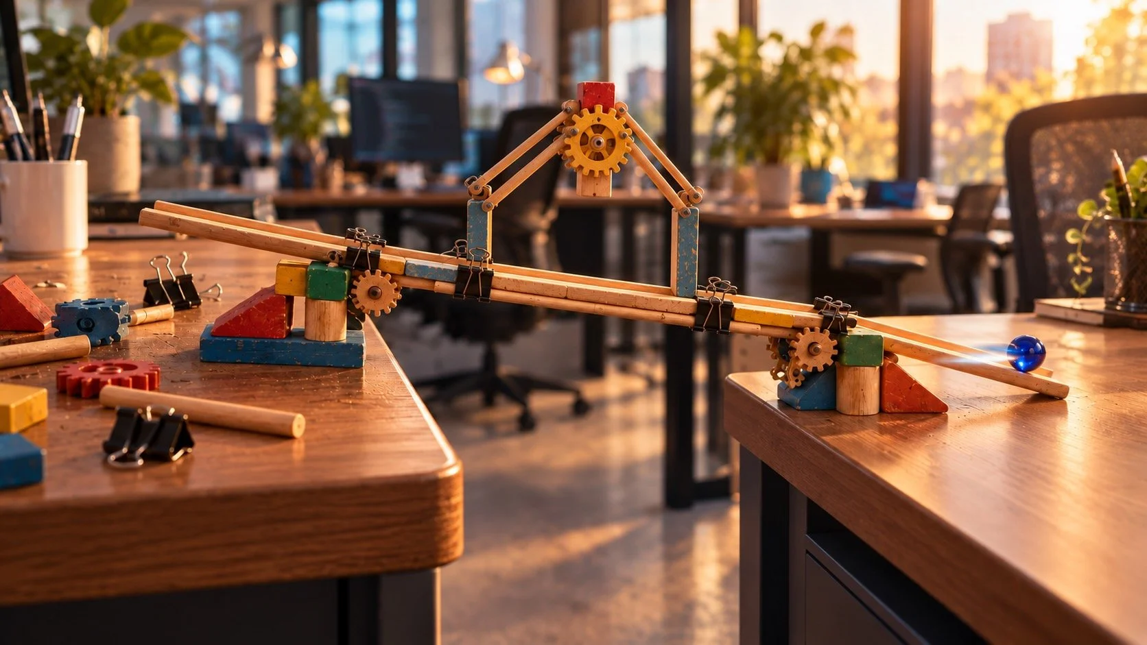 A bridge between two desks made of children's construction toys in a modern office