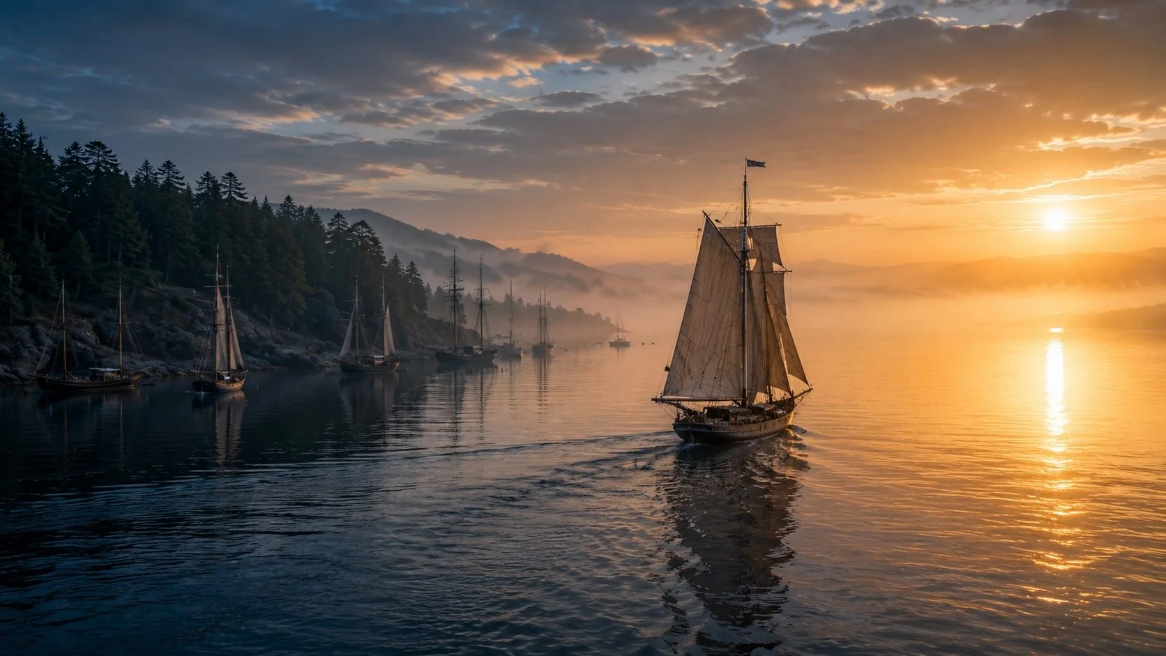 Sailboat leaving a quiet harbor at dawn toward open water