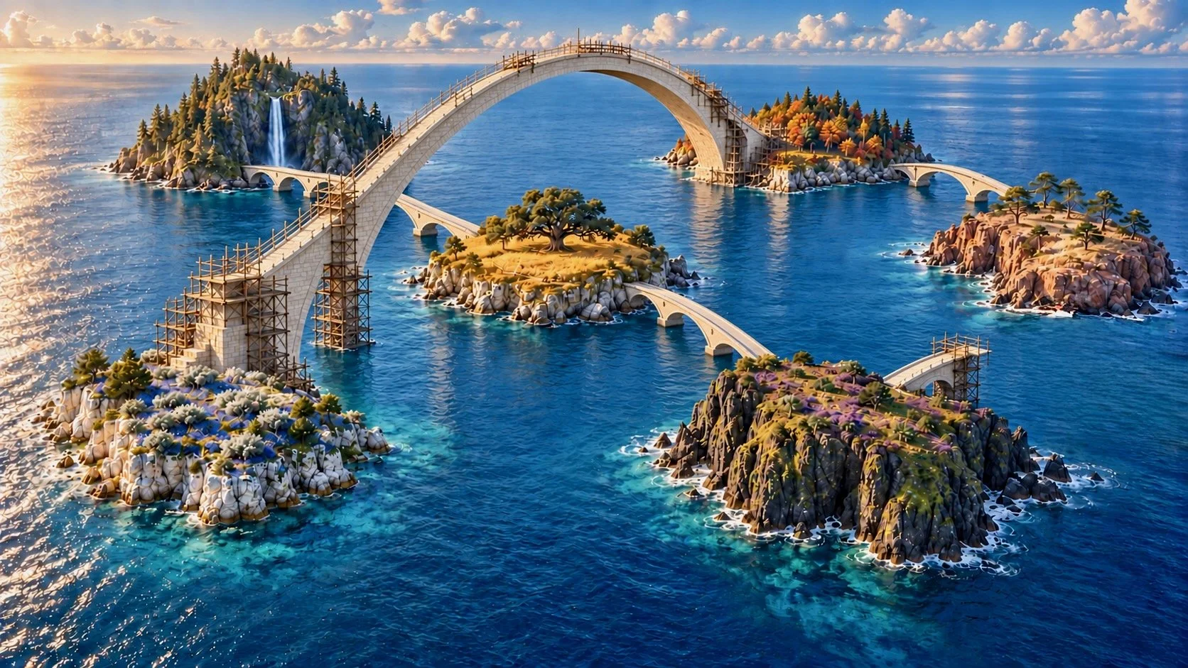 Six islands in an ocean with bridges being built to connect them but not in a linear order.