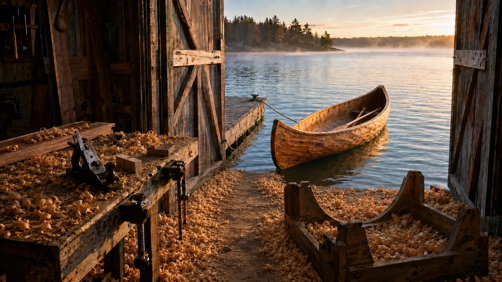 A canoe in the water outside a workshop where it was made by hollowing out a tree. Shavings litter the workshop floor.