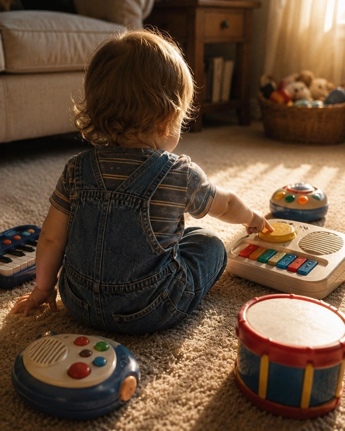 A toddler pressing buttons on toys for them to make music and sounds.