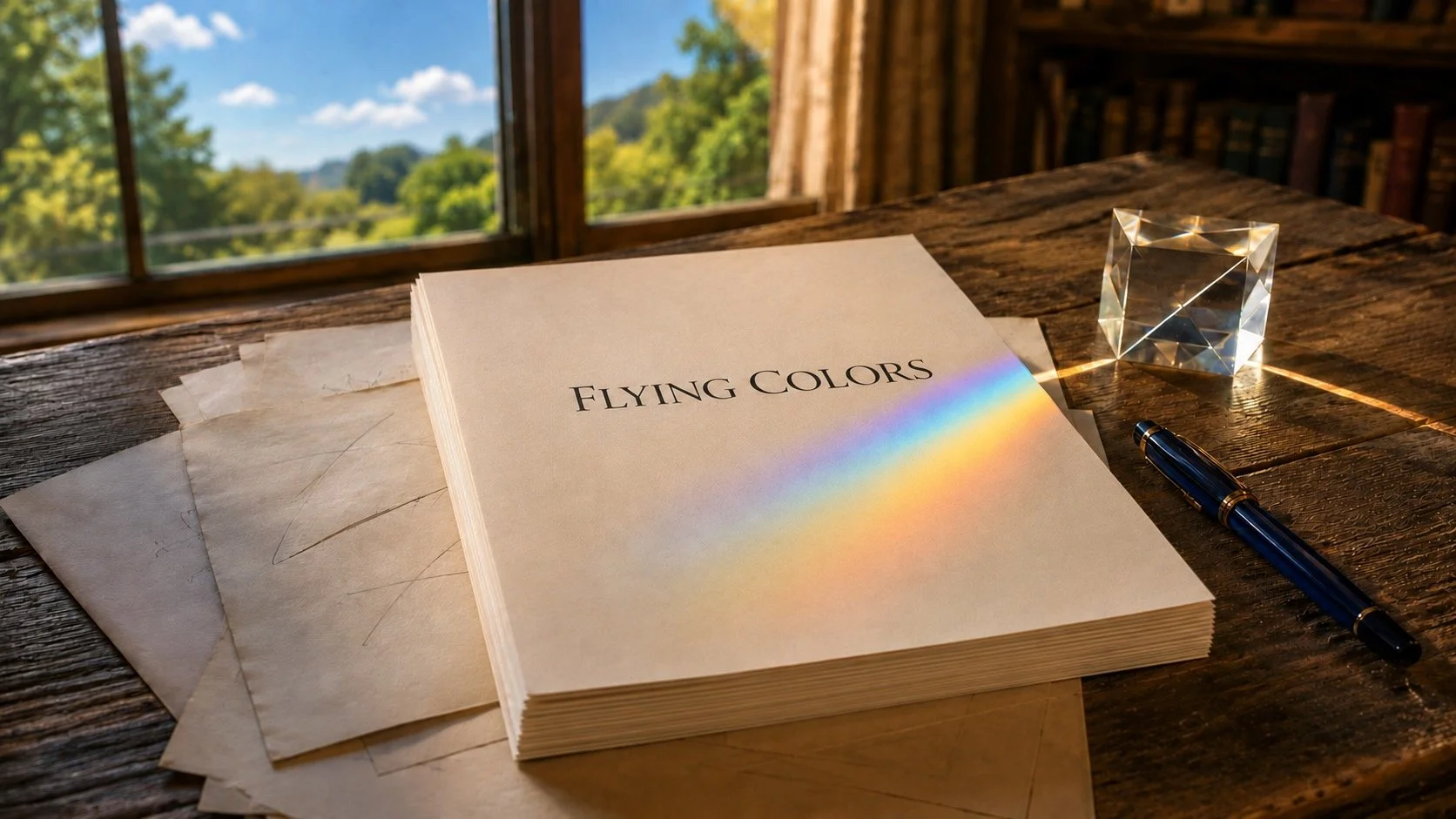 A prism casting colored light on a thick manuscipt titled Flying Colors on an old desk