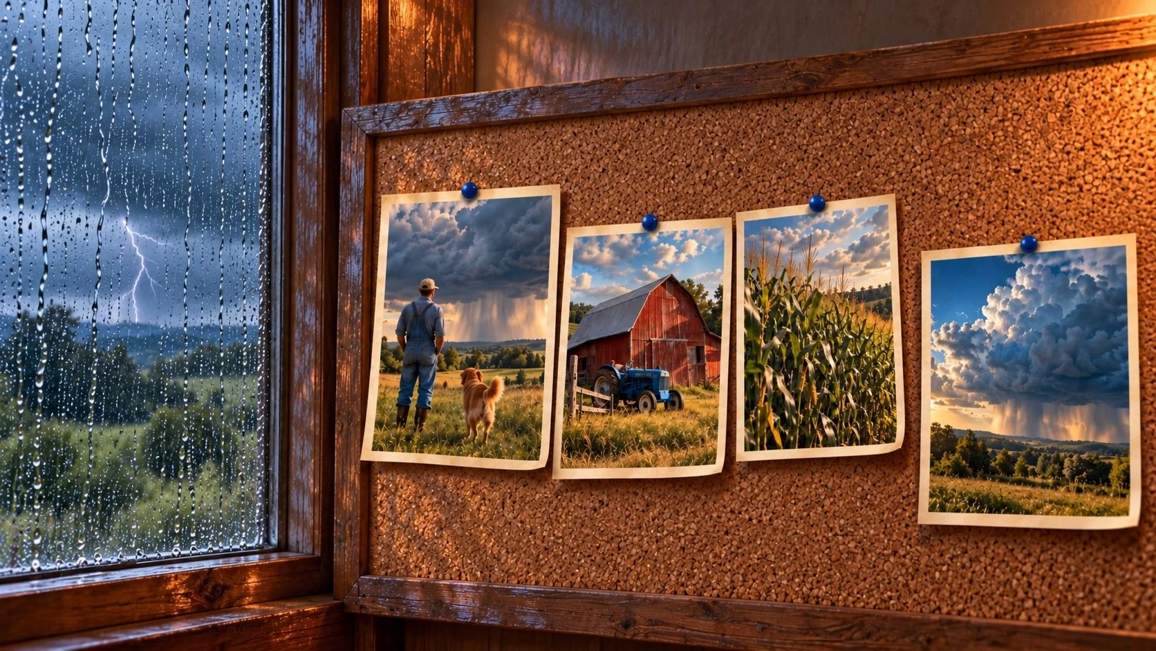 Photos of a farmer and dog watching a storm, a red barn and blue tractor, a cornfield, and a close up of the storm on a cork board next to a wndow with rain on it and a lightening bolt in the distance.