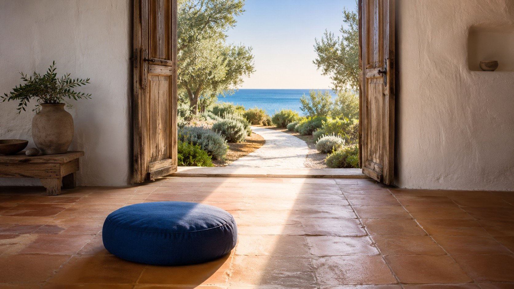 Blue meditation cushion on a tile floor in front doors opening to a walkway to the beach