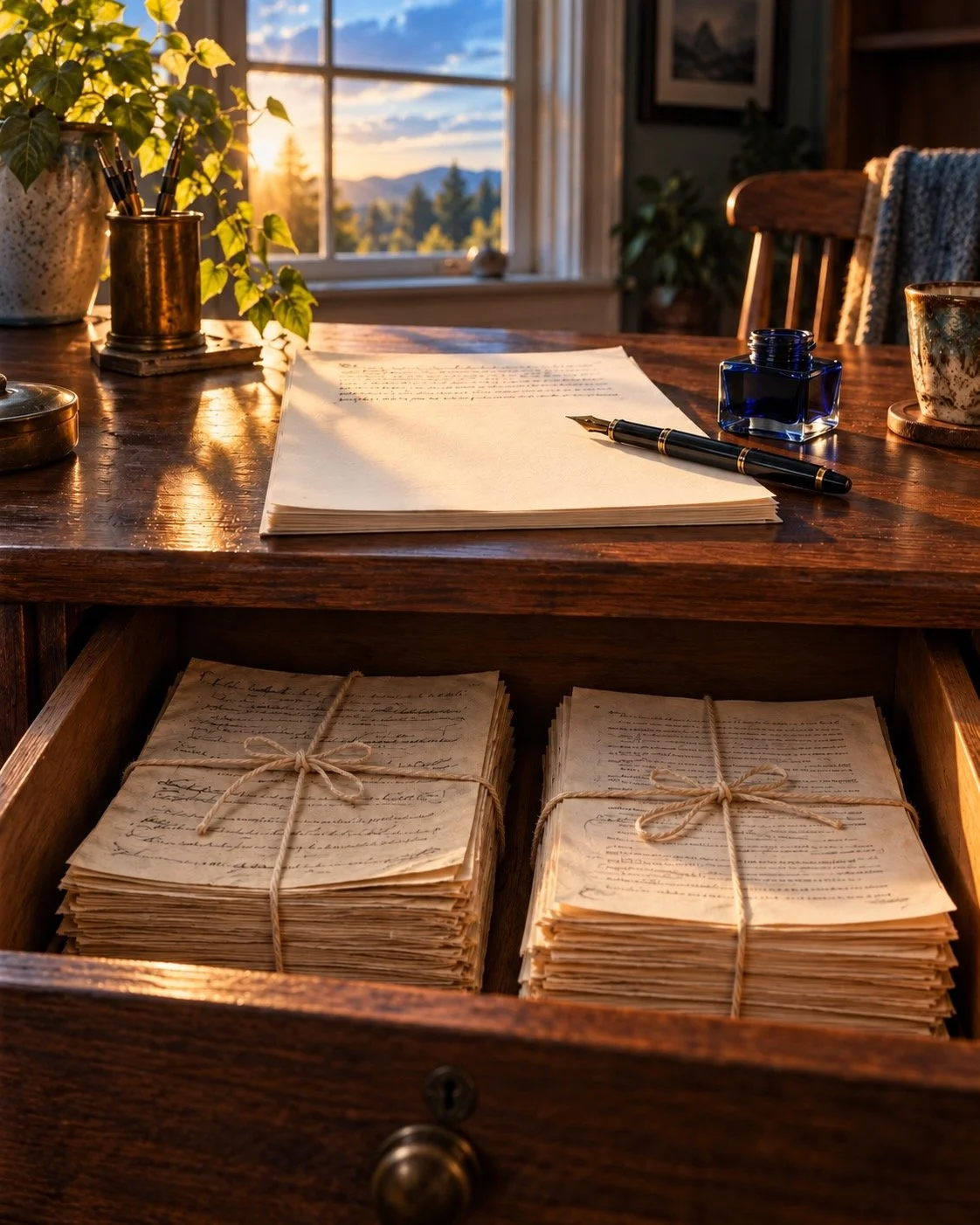 Two unpublished manuscripts sitting in a drawer underneath a new one being written on top of a desk.