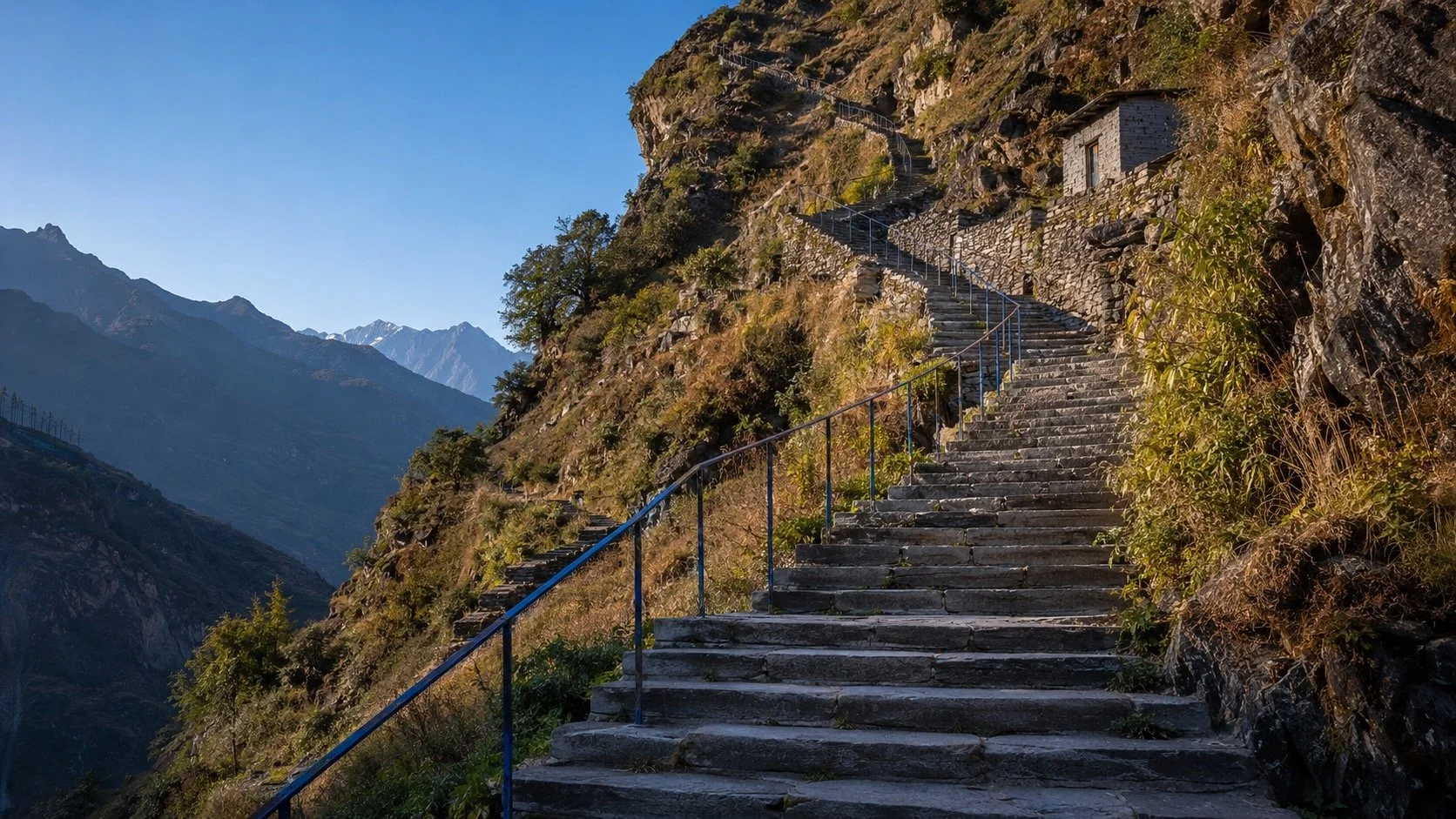 A long staircase built into the side of a mountain.